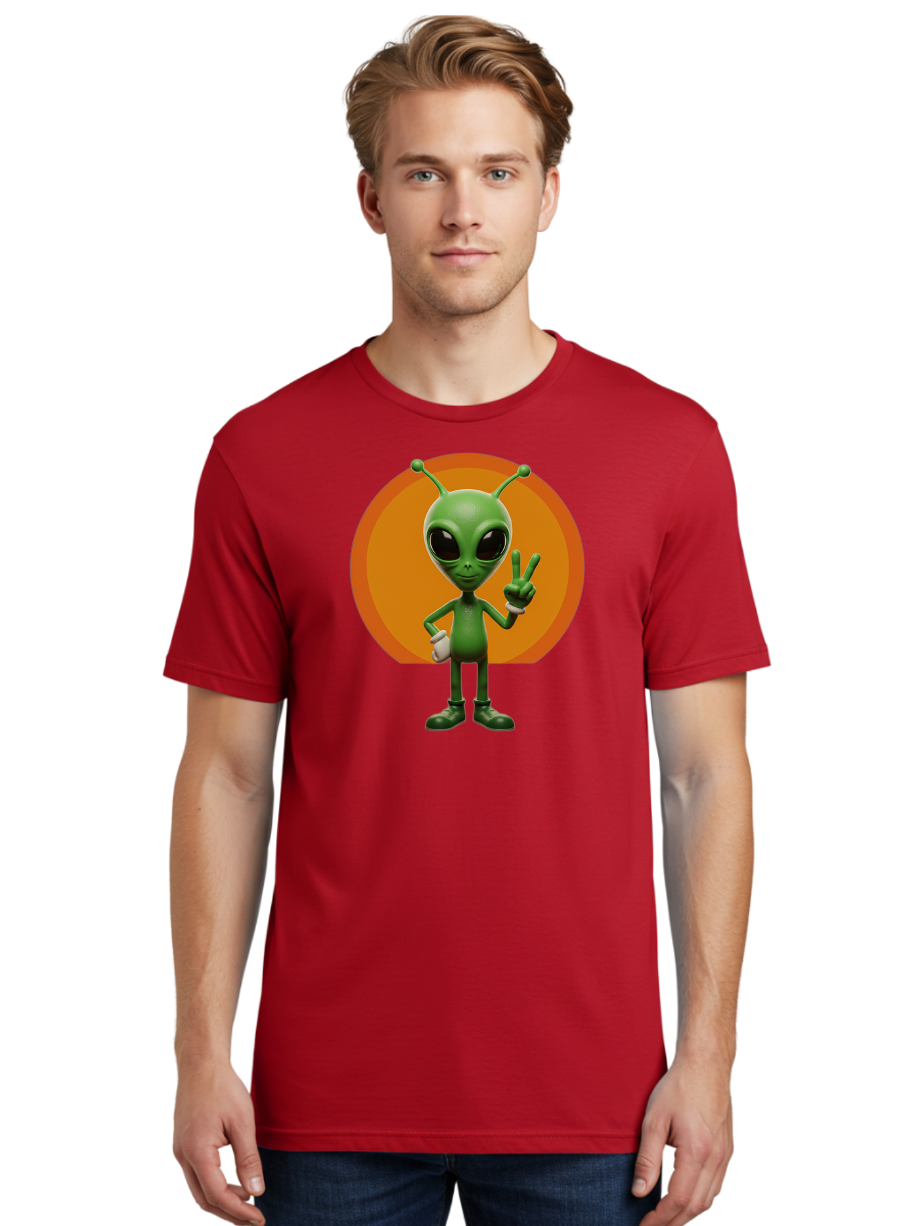 Alien-Peace-Sign Men'S Graphic Tee, 100% Cotton, Comfortable Casual Summer Wear, Machine Washable, Alien Character, Peace Sign, Green Alien, Cartoon Style, Friendly Gesture, Large Eyes, Antennae, Fun Illustration, Cosmic Being Bab633