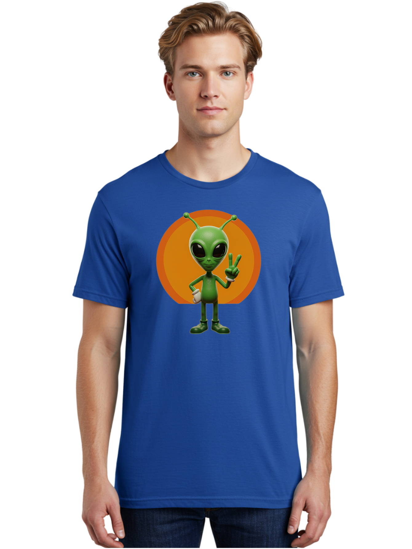 Alien-Peace-Sign Men'S Graphic Tee, 100% Cotton, Comfortable Casual Summer Wear, Machine Washable, Alien Character, Peace Sign, Green Alien, Cartoon Style, Friendly Gesture, Large Eyes, Antennae, Fun Illustration, Cosmic Being Bab633