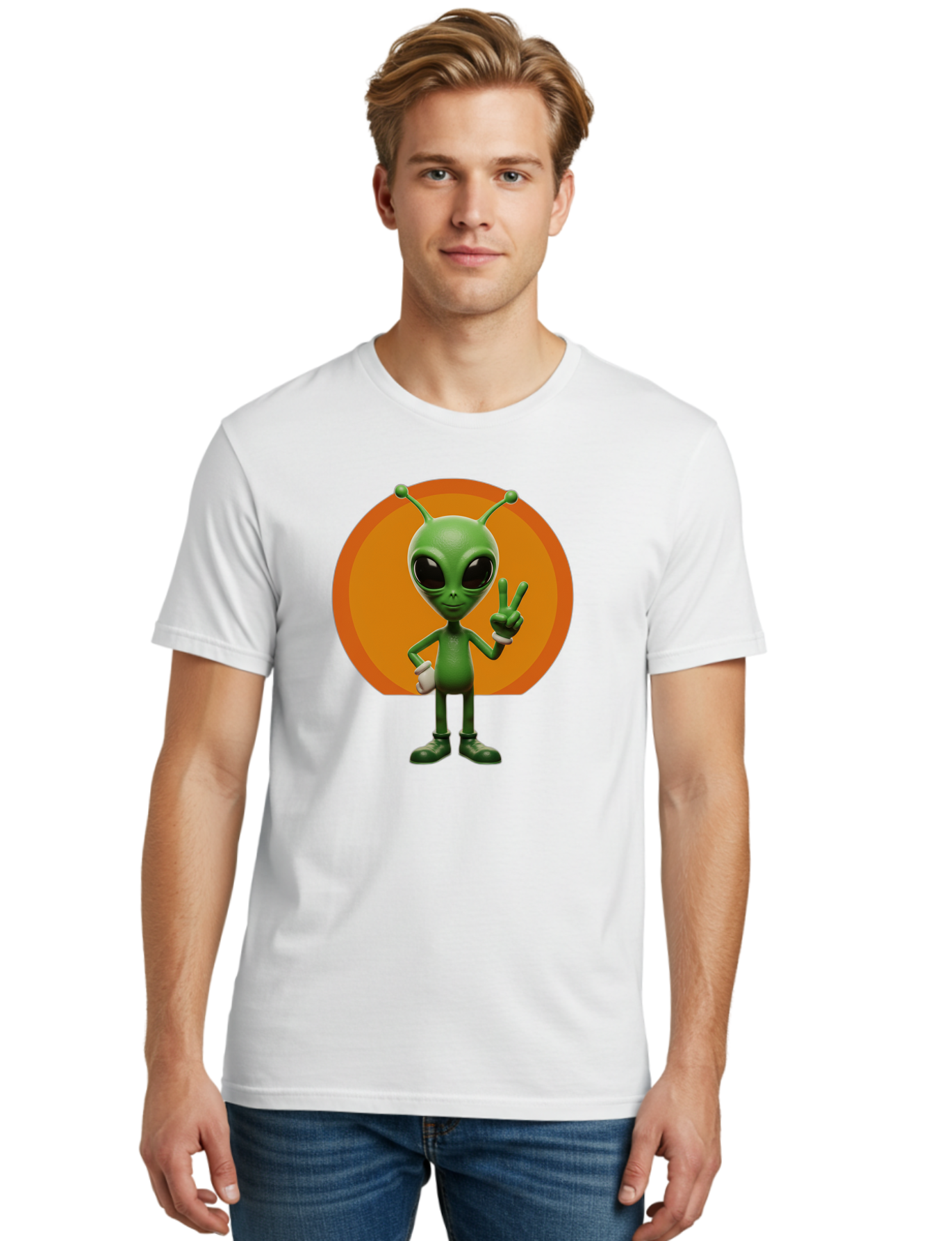Alien-Peace-Sign Men'S Graphic Tee, 100% Cotton, Comfortable Casual Summer Wear, Machine Washable, Alien Character, Peace Sign, Green Alien, Cartoon Style, Friendly Gesture, Large Eyes, Antennae, Fun Illustration, Cosmic Being Bab633
