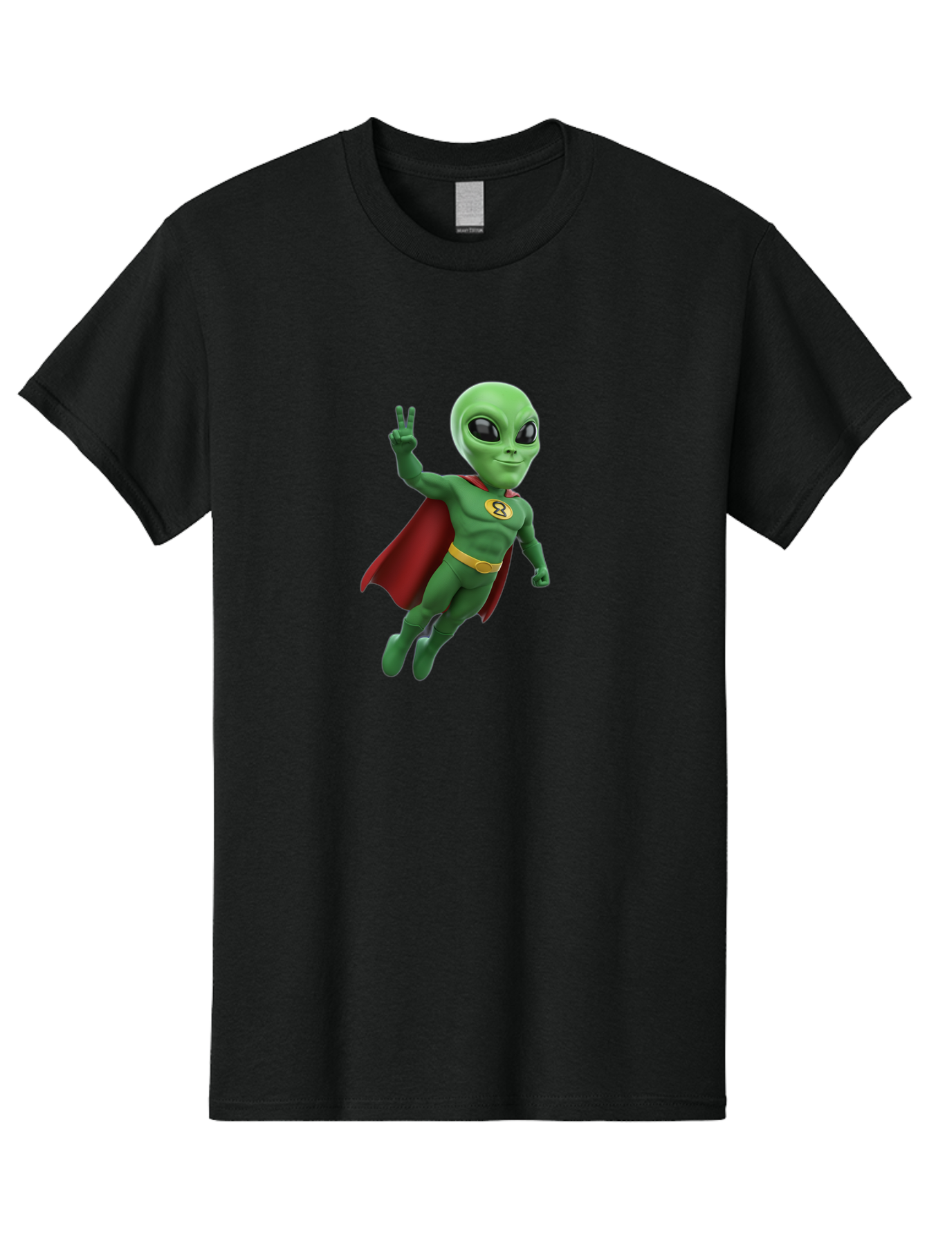 Alien-Superhero Men'S Graphic Tee, 100% Cotton, Comfortable Casual Summer Wear, Machine Washable, Cartoon Alien, Superhero Costume, Red Cape, Yellow Belt, Peace Sign, Green Alien, Superhero Emblem, Cartoon Character, 3D Illustration, Bab634