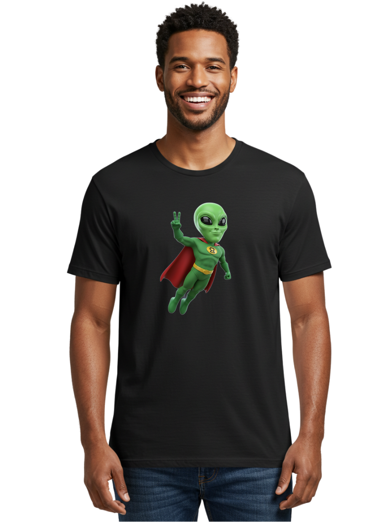 Alien-Superhero Men'S Graphic Tee, 100% Cotton, Comfortable Casual Summer Wear, Machine Washable, Cartoon Alien, Superhero Costume, Red Cape, Yellow Belt, Peace Sign, Green Alien, Superhero Emblem, Cartoon Character, 3D Illustration, Bab634