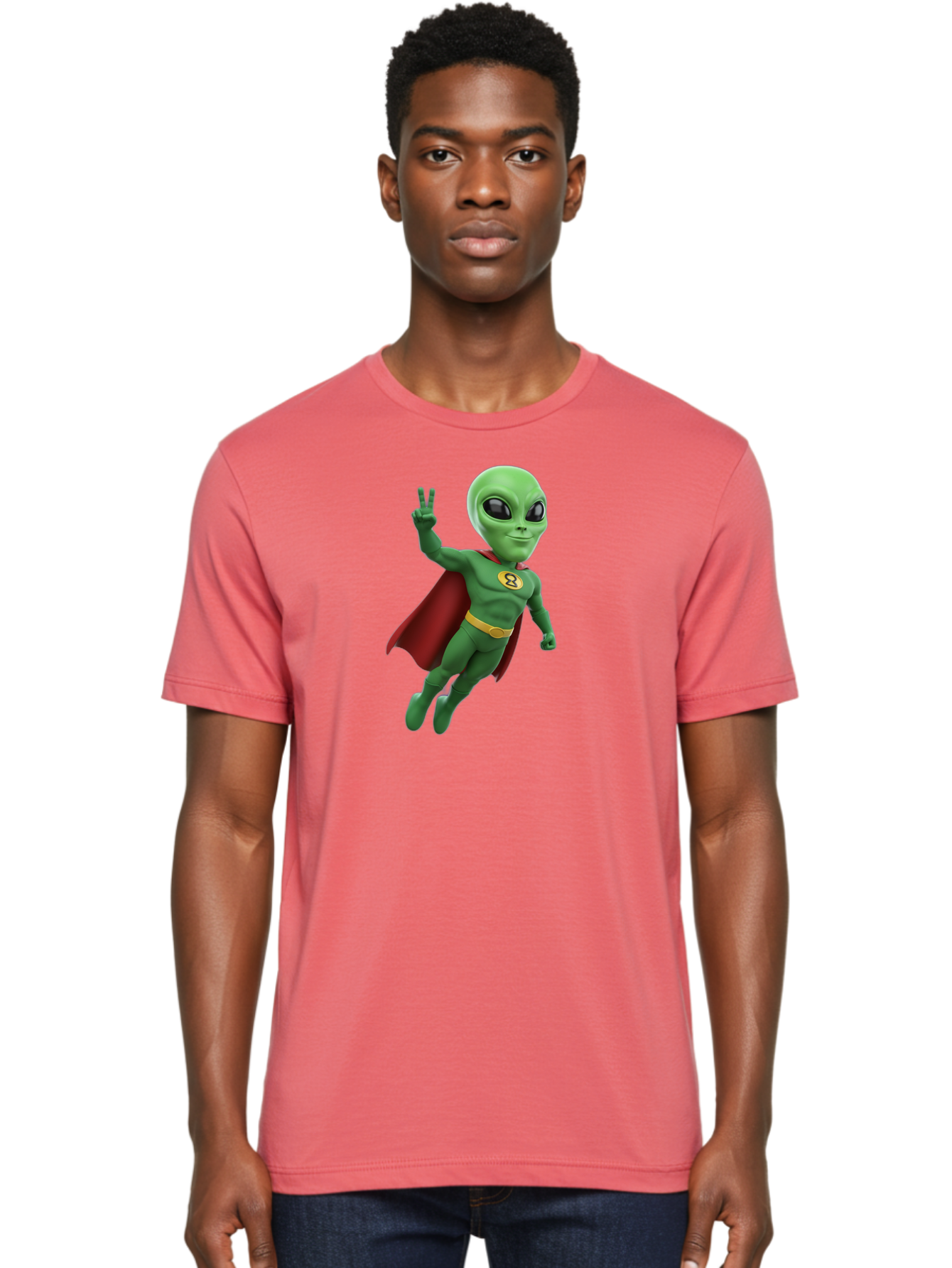 Alien-Superhero Men'S Graphic Tee, 100% Cotton, Comfortable Casual Summer Wear, Machine Washable, Cartoon Alien, Superhero Costume, Red Cape, Yellow Belt, Peace Sign, Green Alien, Superhero Emblem, Cartoon Character, 3D Illustration, Bab634
