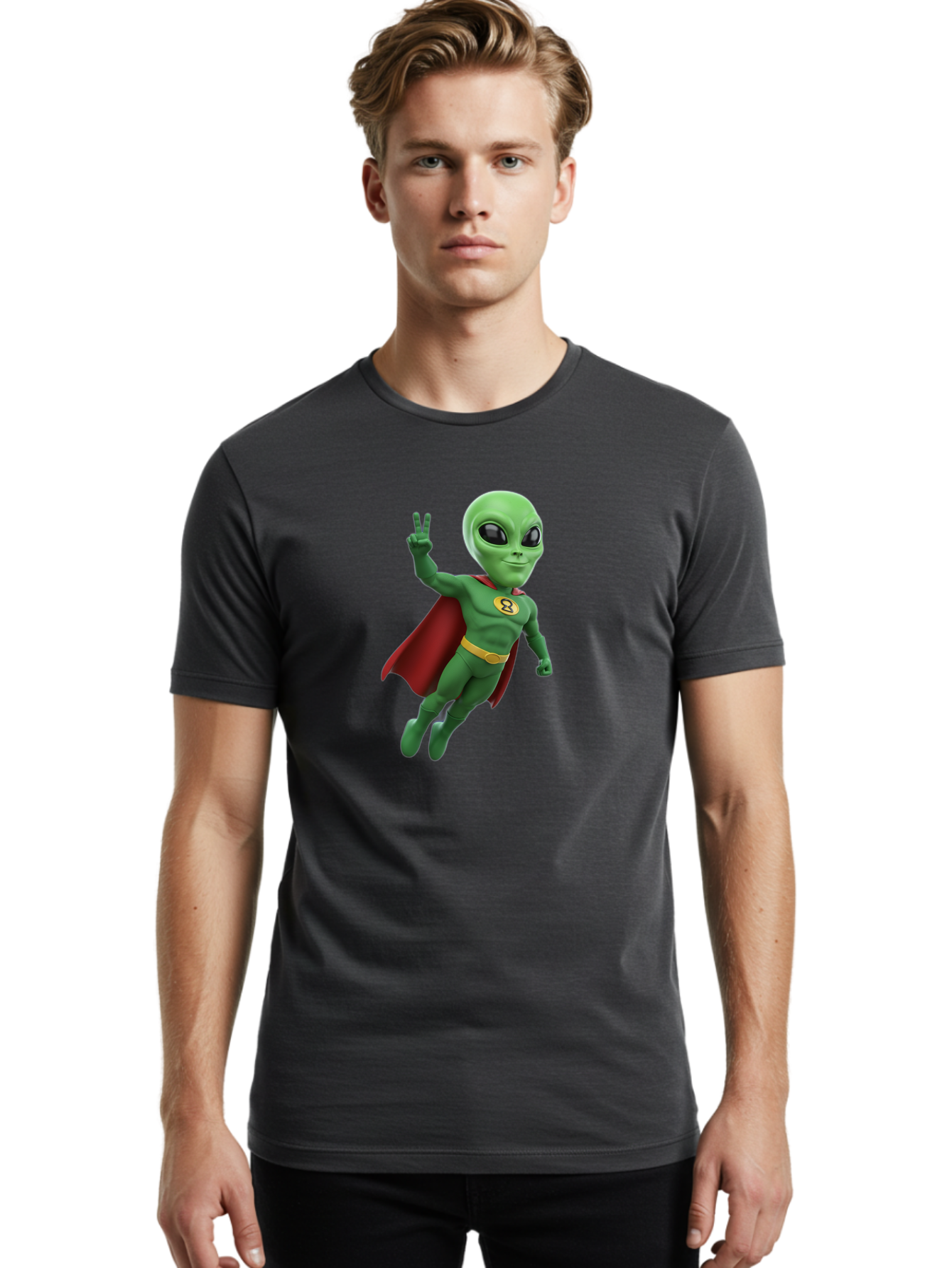 Alien-Superhero Men'S Graphic Tee, 100% Cotton, Comfortable Casual Summer Wear, Machine Washable, Cartoon Alien, Superhero Costume, Red Cape, Yellow Belt, Peace Sign, Green Alien, Superhero Emblem, Cartoon Character, 3D Illustration, Bab634