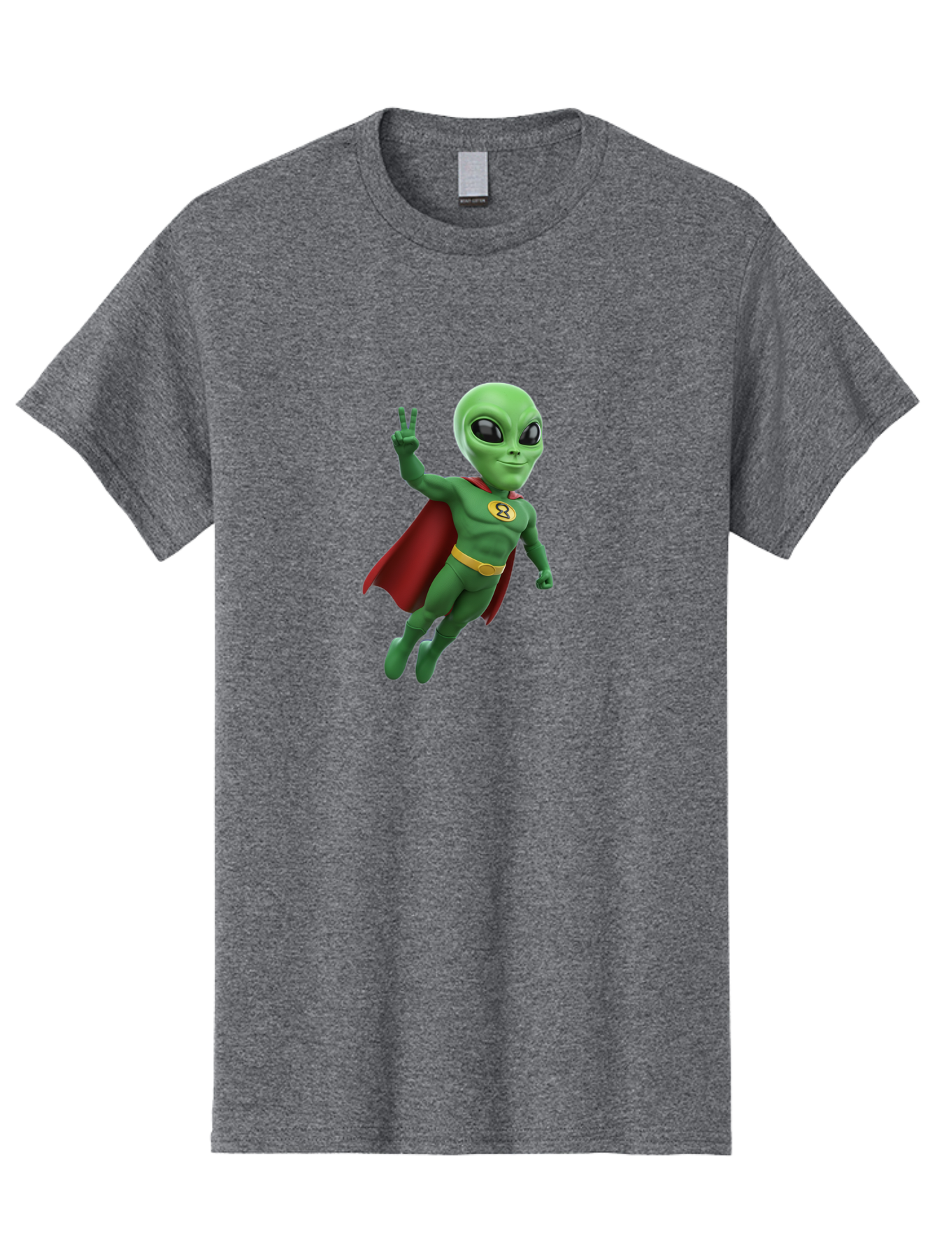 Alien-Superhero Men'S Graphic Tee, 100% Cotton, Comfortable Casual Summer Wear, Machine Washable, Cartoon Alien, Superhero Costume, Red Cape, Yellow Belt, Peace Sign, Green Alien, Superhero Emblem, Cartoon Character, 3D Illustration, Bab634