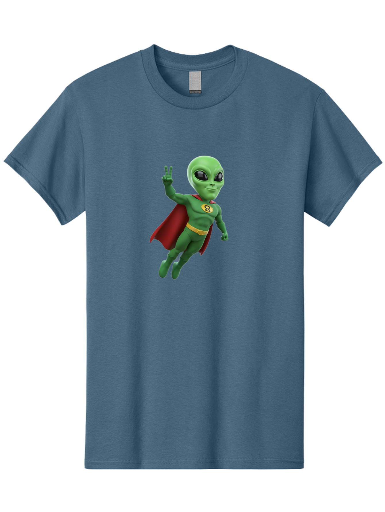 Alien-Superhero Men'S Graphic Tee, 100% Cotton, Comfortable Casual Summer Wear, Machine Washable, Cartoon Alien, Superhero Costume, Red Cape, Yellow Belt, Peace Sign, Green Alien, Superhero Emblem, Cartoon Character, 3D Illustration, Bab634