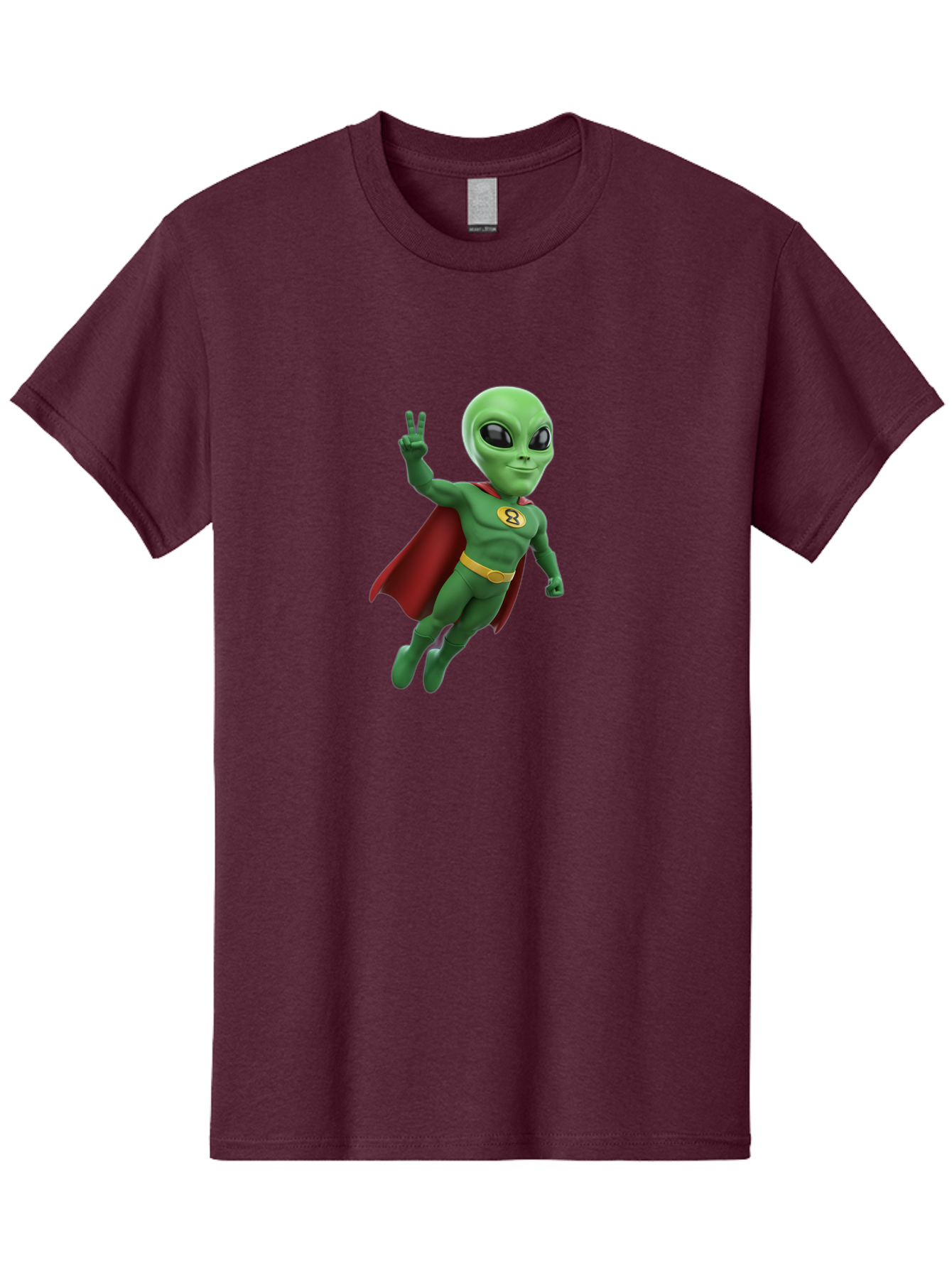 Alien-Superhero Men'S Graphic Tee, 100% Cotton, Comfortable Casual Summer Wear, Machine Washable, Cartoon Alien, Superhero Costume, Red Cape, Yellow Belt, Peace Sign, Green Alien, Superhero Emblem, Cartoon Character, 3D Illustration, Bab634