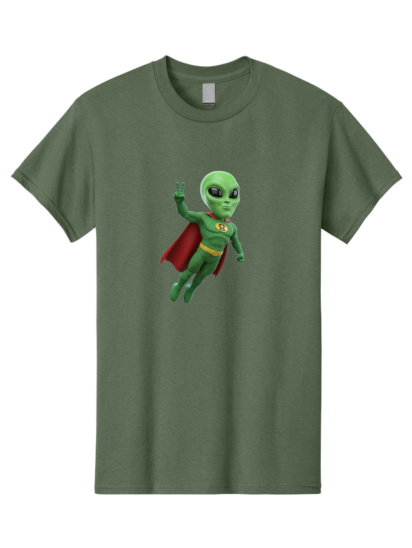 Alien-Superhero Men'S Graphic Tee, 100% Cotton, Comfortable Casual Summer Wear, Machine Washable, Cartoon Alien, Superhero Costume, Red Cape, Yellow Belt, Peace Sign, Green Alien, Superhero Emblem, Cartoon Character, 3D Illustration, Bab634