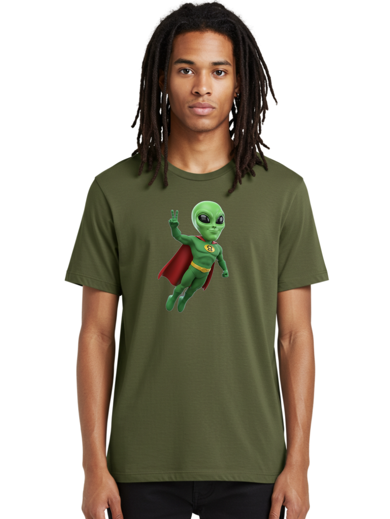 Alien-Superhero Men'S Graphic Tee, 100% Cotton, Comfortable Casual Summer Wear, Machine Washable, Cartoon Alien, Superhero Costume, Red Cape, Yellow Belt, Peace Sign, Green Alien, Superhero Emblem, Cartoon Character, 3D Illustration, Bab634