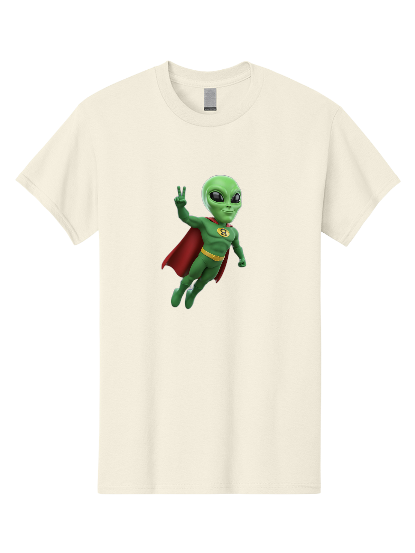 Alien-Superhero Men'S Graphic Tee, 100% Cotton, Comfortable Casual Summer Wear, Machine Washable, Cartoon Alien, Superhero Costume, Red Cape, Yellow Belt, Peace Sign, Green Alien, Superhero Emblem, Cartoon Character, 3D Illustration, Bab634
