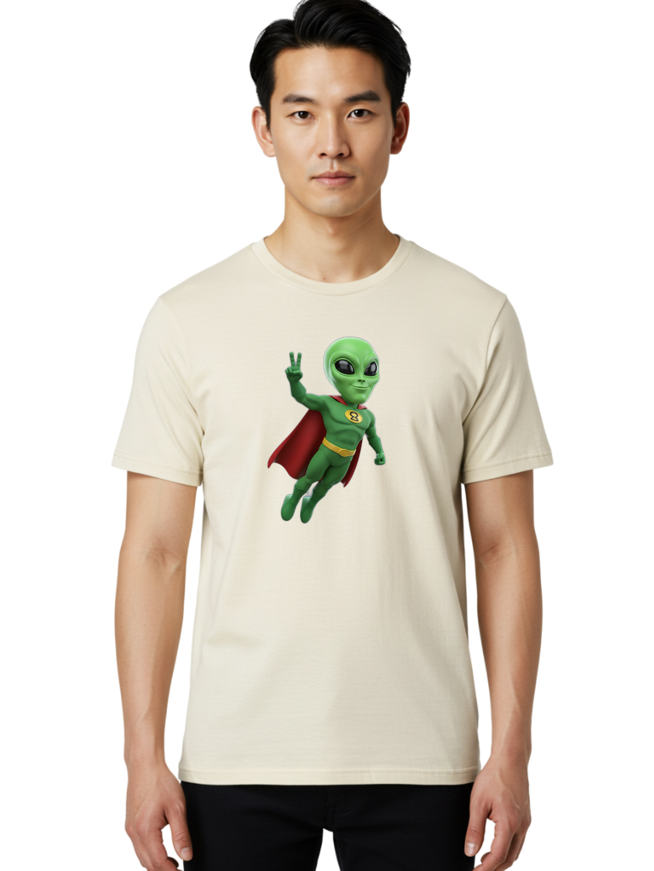 Alien-Superhero Men'S Graphic Tee, 100% Cotton, Comfortable Casual Summer Wear, Machine Washable, Cartoon Alien, Superhero Costume, Red Cape, Yellow Belt, Peace Sign, Green Alien, Superhero Emblem, Cartoon Character, 3D Illustration, Bab634