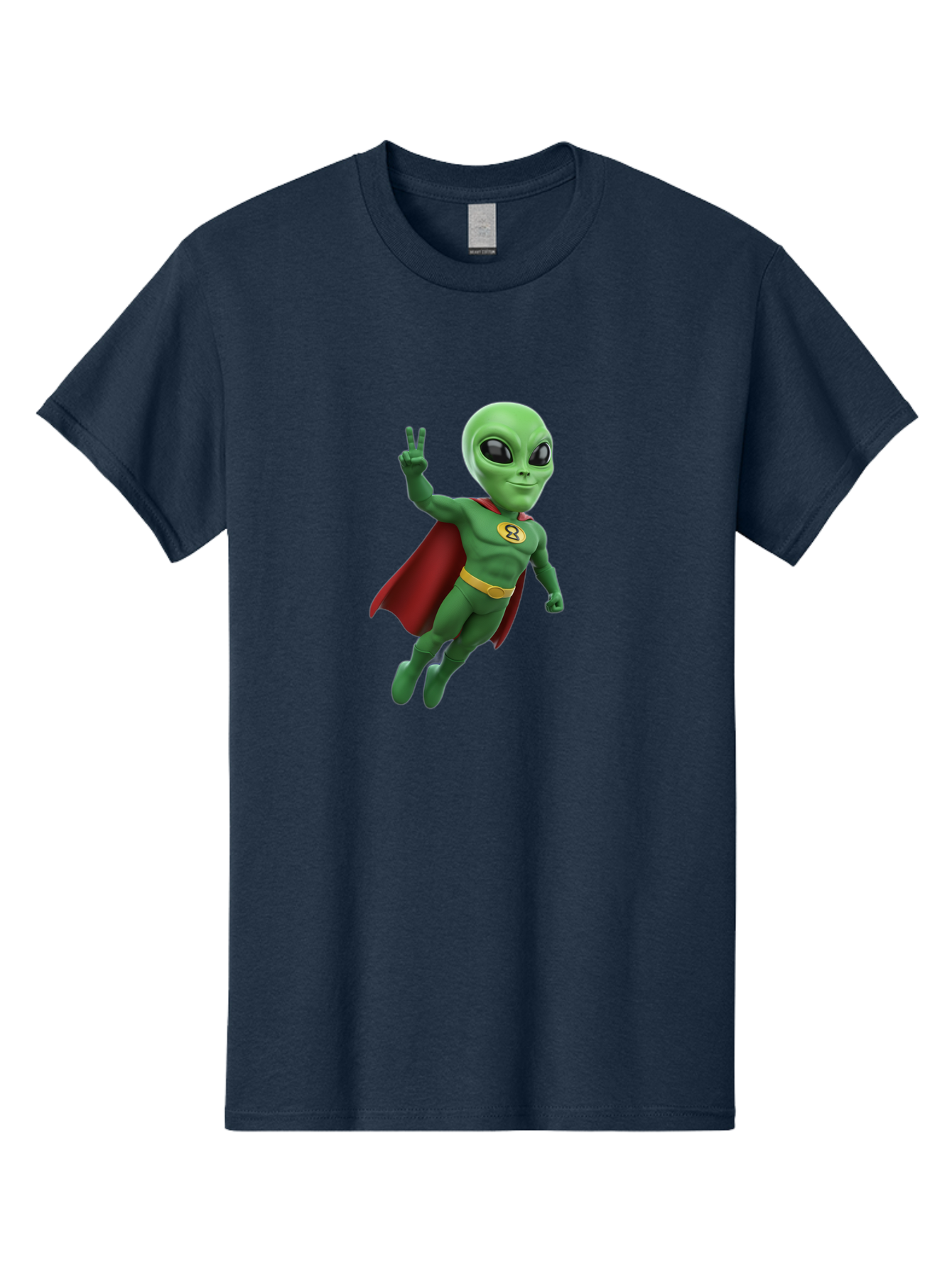 Alien-Superhero Men'S Graphic Tee, 100% Cotton, Comfortable Casual Summer Wear, Machine Washable, Cartoon Alien, Superhero Costume, Red Cape, Yellow Belt, Peace Sign, Green Alien, Superhero Emblem, Cartoon Character, 3D Illustration, Bab634