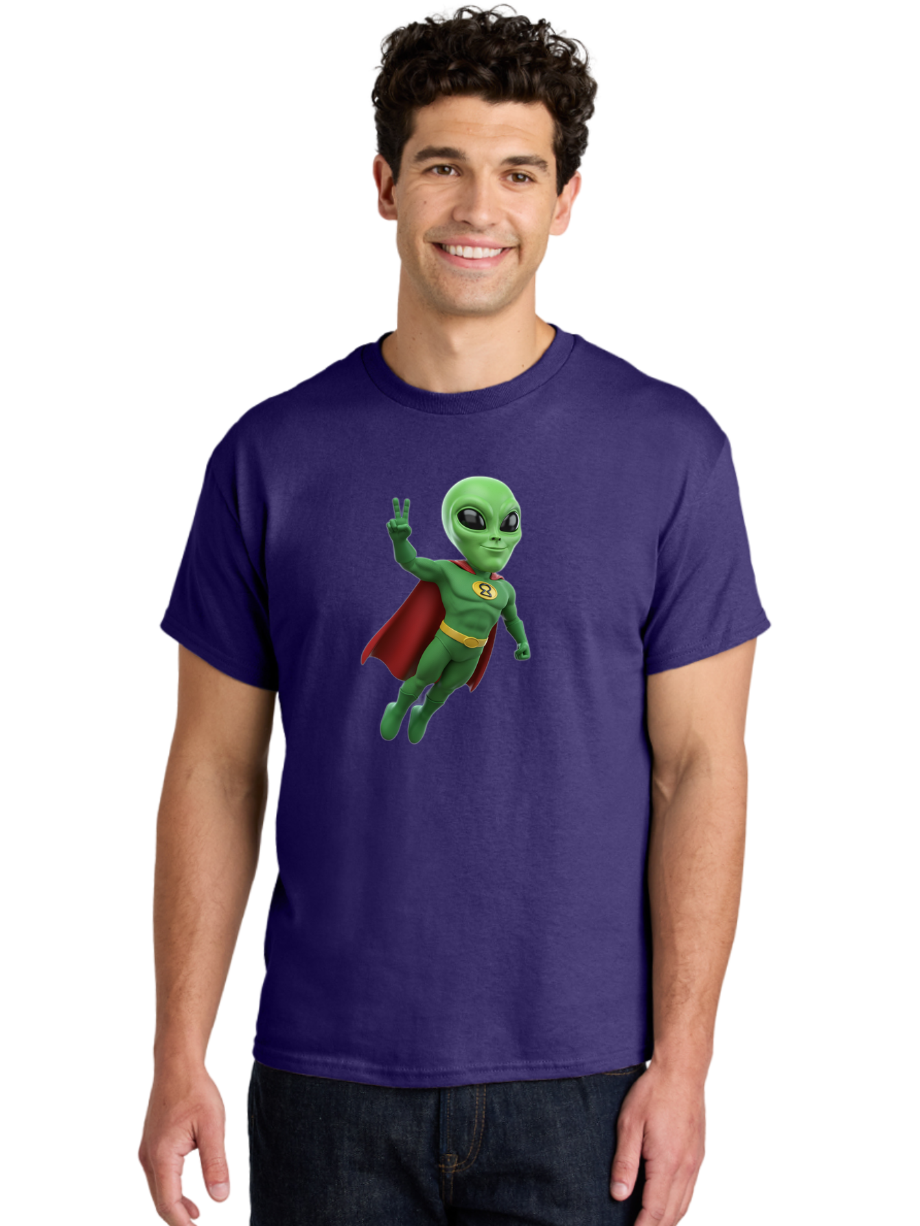 Alien-Superhero Men'S Graphic Tee, 100% Cotton, Comfortable Casual Summer Wear, Machine Washable, Cartoon Alien, Superhero Costume, Red Cape, Yellow Belt, Peace Sign, Green Alien, Superhero Emblem, Cartoon Character, 3D Illustration, Bab634