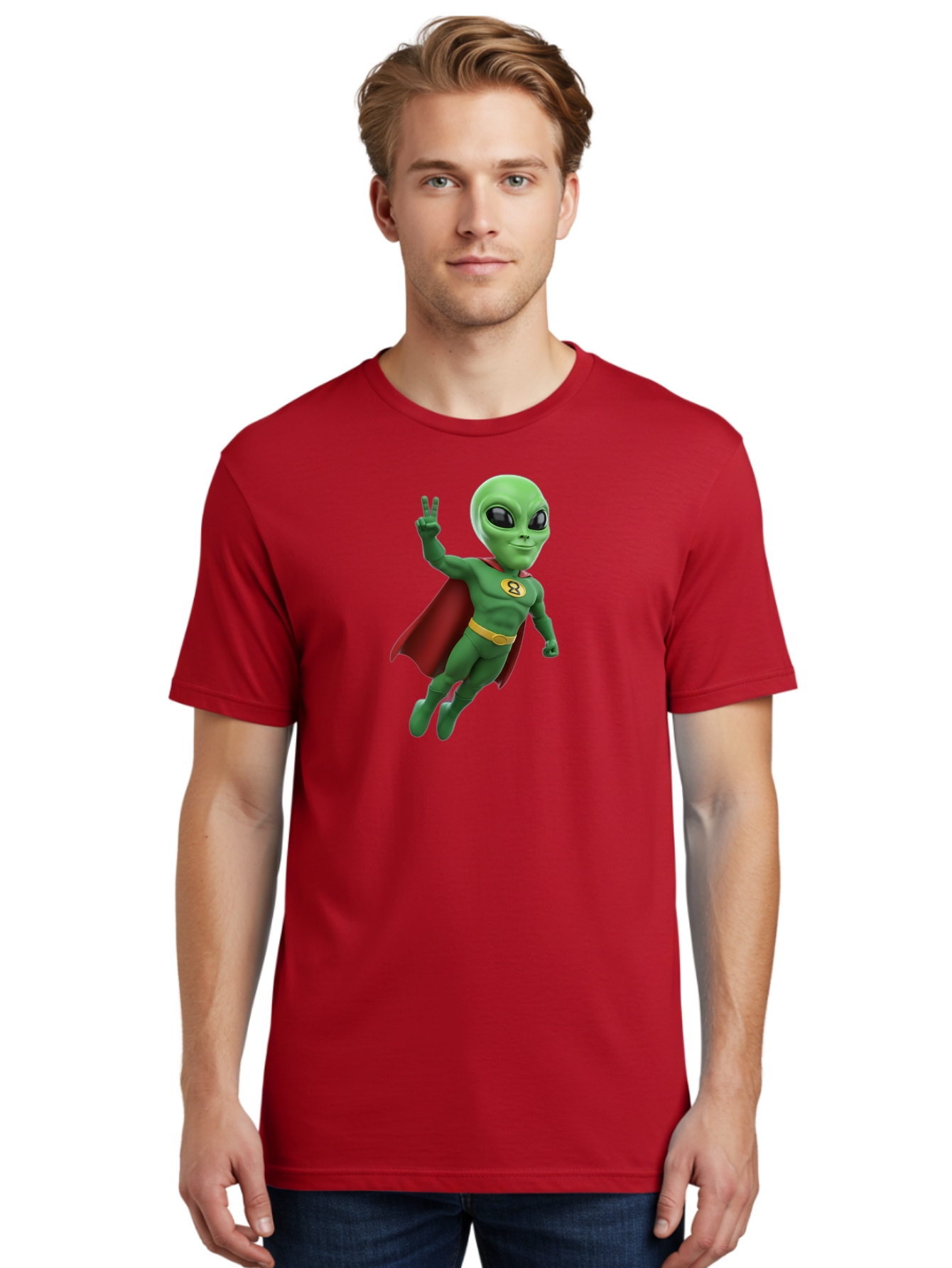 Alien-Superhero Men'S Graphic Tee, 100% Cotton, Comfortable Casual Summer Wear, Machine Washable, Cartoon Alien, Superhero Costume, Red Cape, Yellow Belt, Peace Sign, Green Alien, Superhero Emblem, Cartoon Character, 3D Illustration, Bab634