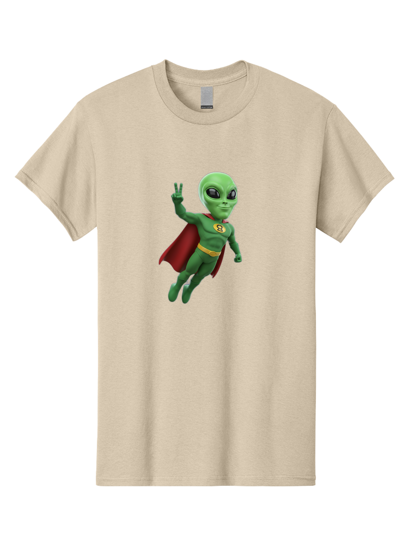 Alien-Superhero Men'S Graphic Tee, 100% Cotton, Comfortable Casual Summer Wear, Machine Washable, Cartoon Alien, Superhero Costume, Red Cape, Yellow Belt, Peace Sign, Green Alien, Superhero Emblem, Cartoon Character, 3D Illustration, Bab634