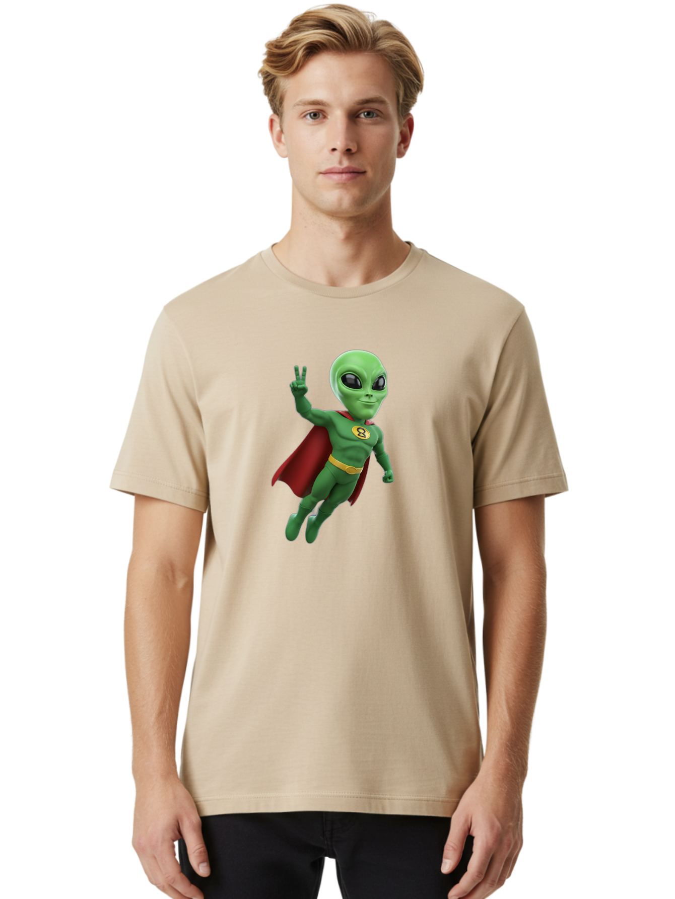 Alien-Superhero Men'S Graphic Tee, 100% Cotton, Comfortable Casual Summer Wear, Machine Washable, Cartoon Alien, Superhero Costume, Red Cape, Yellow Belt, Peace Sign, Green Alien, Superhero Emblem, Cartoon Character, 3D Illustration, Bab634