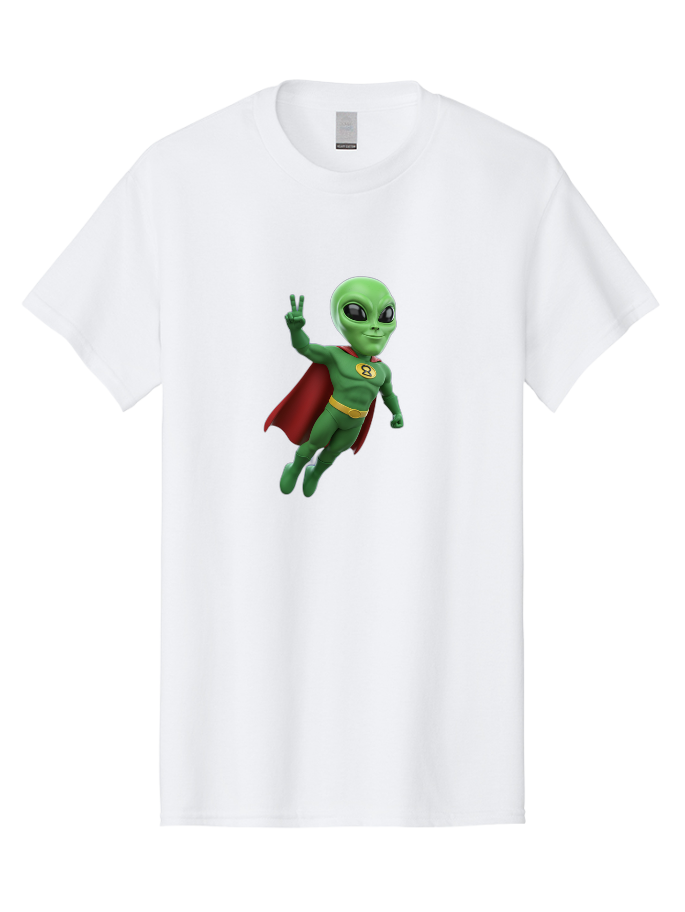 Alien-Superhero Men'S Graphic Tee, 100% Cotton, Comfortable Casual Summer Wear, Machine Washable, Cartoon Alien, Superhero Costume, Red Cape, Yellow Belt, Peace Sign, Green Alien, Superhero Emblem, Cartoon Character, 3D Illustration, Bab634