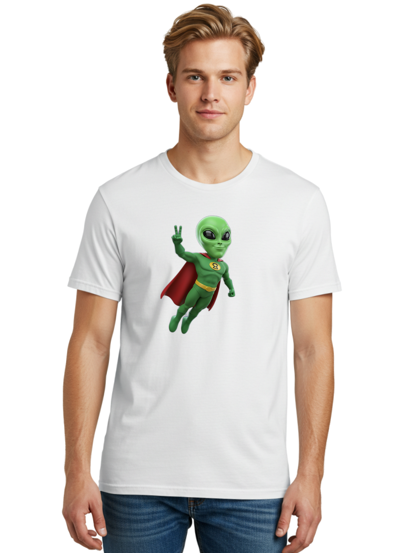 Alien-Superhero Men'S Graphic Tee, 100% Cotton, Comfortable Casual Summer Wear, Machine Washable, Cartoon Alien, Superhero Costume, Red Cape, Yellow Belt, Peace Sign, Green Alien, Superhero Emblem, Cartoon Character, 3D Illustration, Bab634