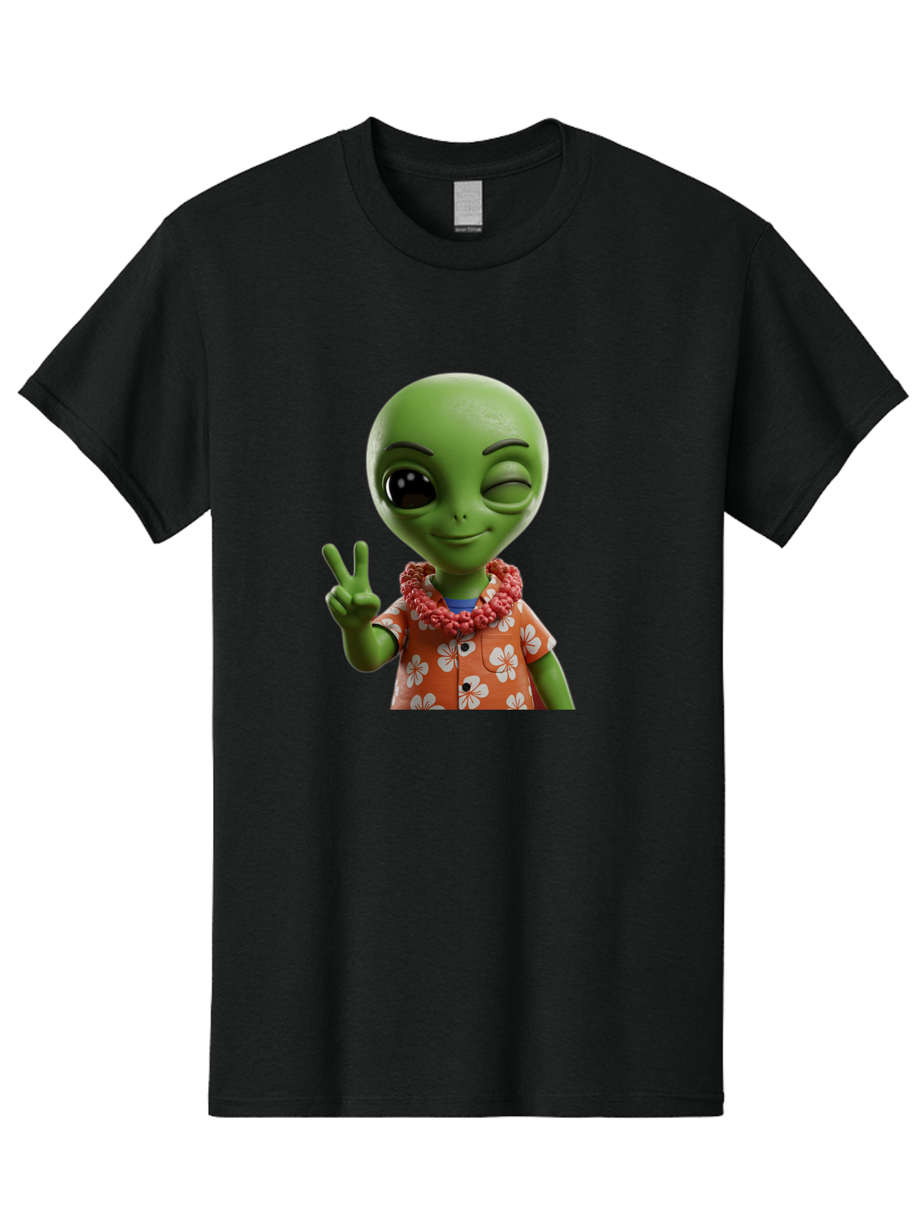 Alien Men'S Graphic Tee, 100% Cotton, Comfortable Casual Summer Wear, Machine Washable, Cartoon Alien, Peace Sign, Hawaiian Shirt, Floral Pattern, Relaxed Vibe, Friendly Demeanor, Extraterrestrial Fun, Playful Gesture, Tropical Feel, Bab636