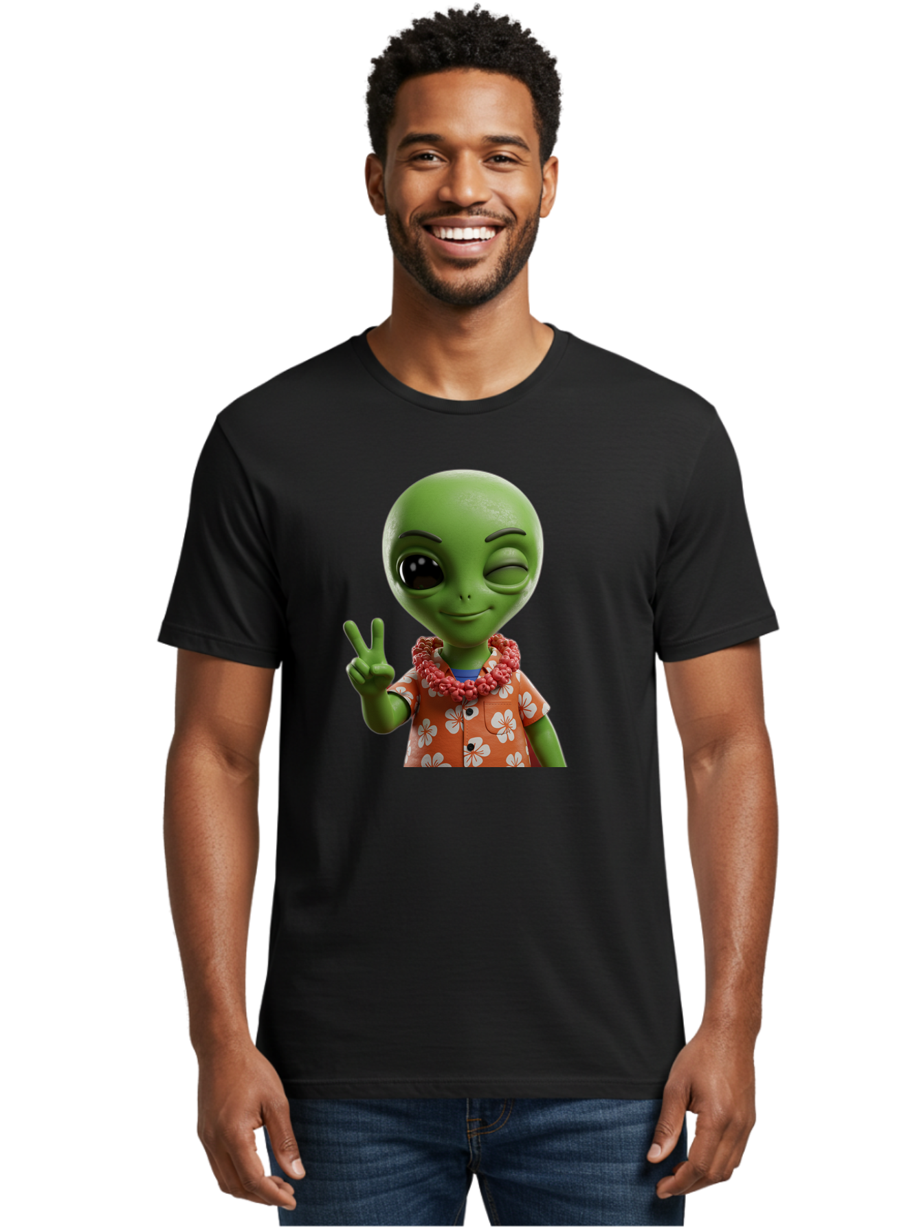 Alien Men'S Graphic Tee, 100% Cotton, Comfortable Casual Summer Wear, Machine Washable, Cartoon Alien, Peace Sign, Hawaiian Shirt, Floral Pattern, Relaxed Vibe, Friendly Demeanor, Extraterrestrial Fun, Playful Gesture, Tropical Feel, Bab636