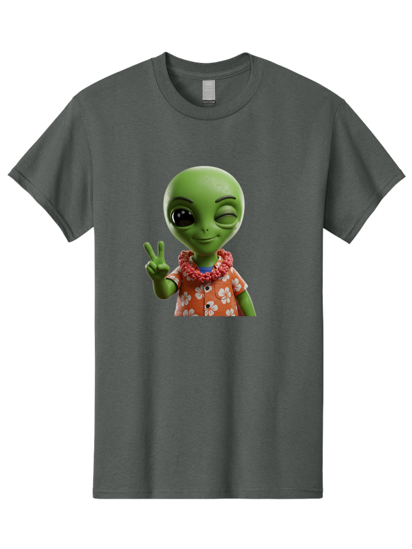 Alien Men'S Graphic Tee, 100% Cotton, Comfortable Casual Summer Wear, Machine Washable, Cartoon Alien, Peace Sign, Hawaiian Shirt, Floral Pattern, Relaxed Vibe, Friendly Demeanor, Extraterrestrial Fun, Playful Gesture, Tropical Feel, Bab636