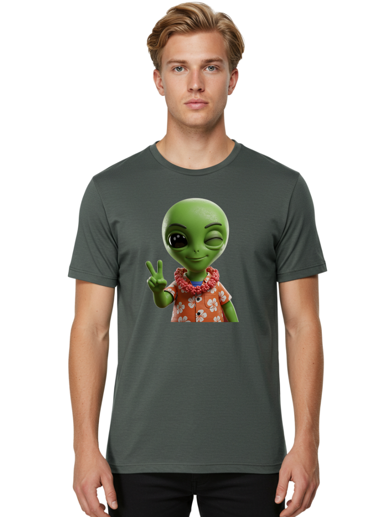 Alien Men'S Graphic Tee, 100% Cotton, Comfortable Casual Summer Wear, Machine Washable, Cartoon Alien, Peace Sign, Hawaiian Shirt, Floral Pattern, Relaxed Vibe, Friendly Demeanor, Extraterrestrial Fun, Playful Gesture, Tropical Feel, Bab636