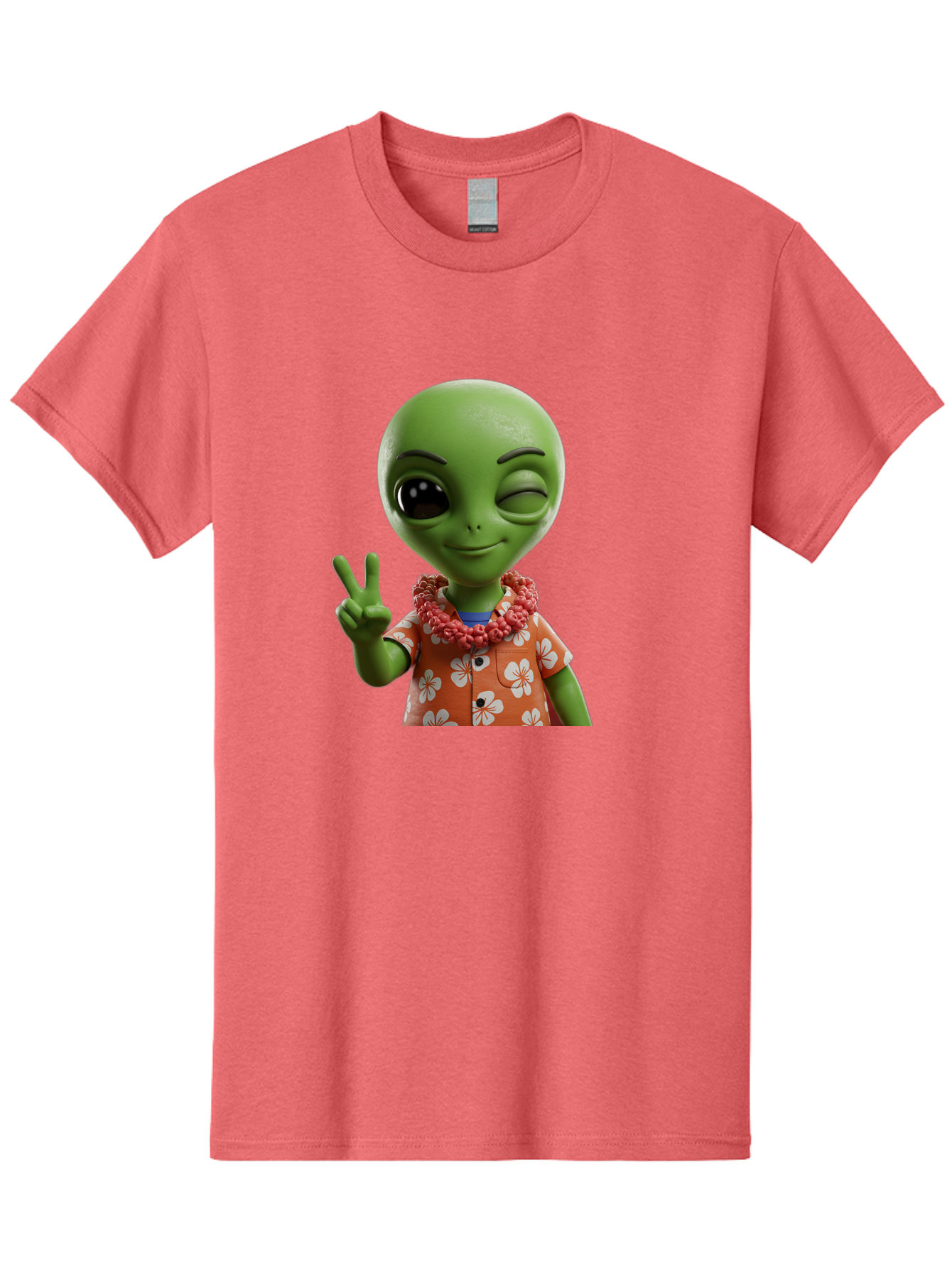 Alien Men'S Graphic Tee, 100% Cotton, Comfortable Casual Summer Wear, Machine Washable, Cartoon Alien, Peace Sign, Hawaiian Shirt, Floral Pattern, Relaxed Vibe, Friendly Demeanor, Extraterrestrial Fun, Playful Gesture, Tropical Feel, Bab636
