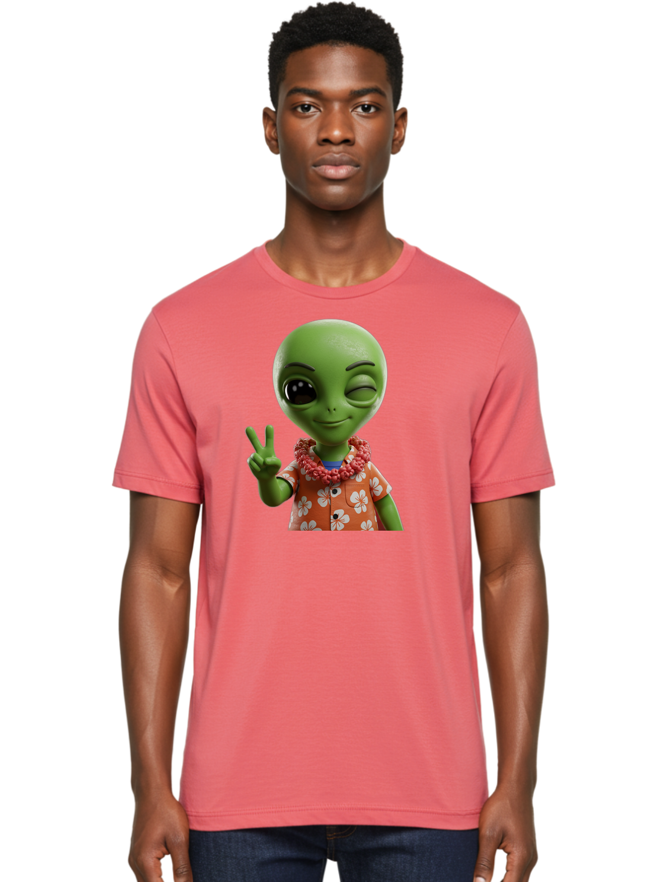 Alien Men'S Graphic Tee, 100% Cotton, Comfortable Casual Summer Wear, Machine Washable, Cartoon Alien, Peace Sign, Hawaiian Shirt, Floral Pattern, Relaxed Vibe, Friendly Demeanor, Extraterrestrial Fun, Playful Gesture, Tropical Feel, Bab636