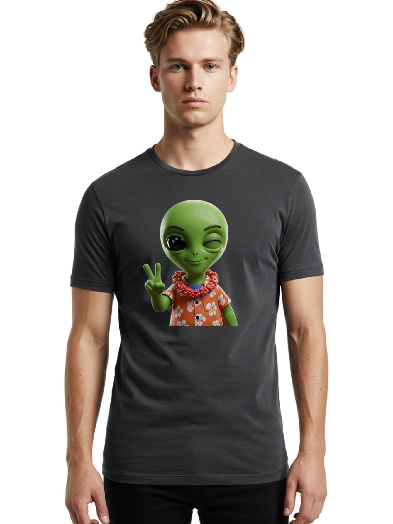 Alien Men'S Graphic Tee, 100% Cotton, Comfortable Casual Summer Wear, Machine Washable, Cartoon Alien, Peace Sign, Hawaiian Shirt, Floral Pattern, Relaxed Vibe, Friendly Demeanor, Extraterrestrial Fun, Playful Gesture, Tropical Feel, Bab636