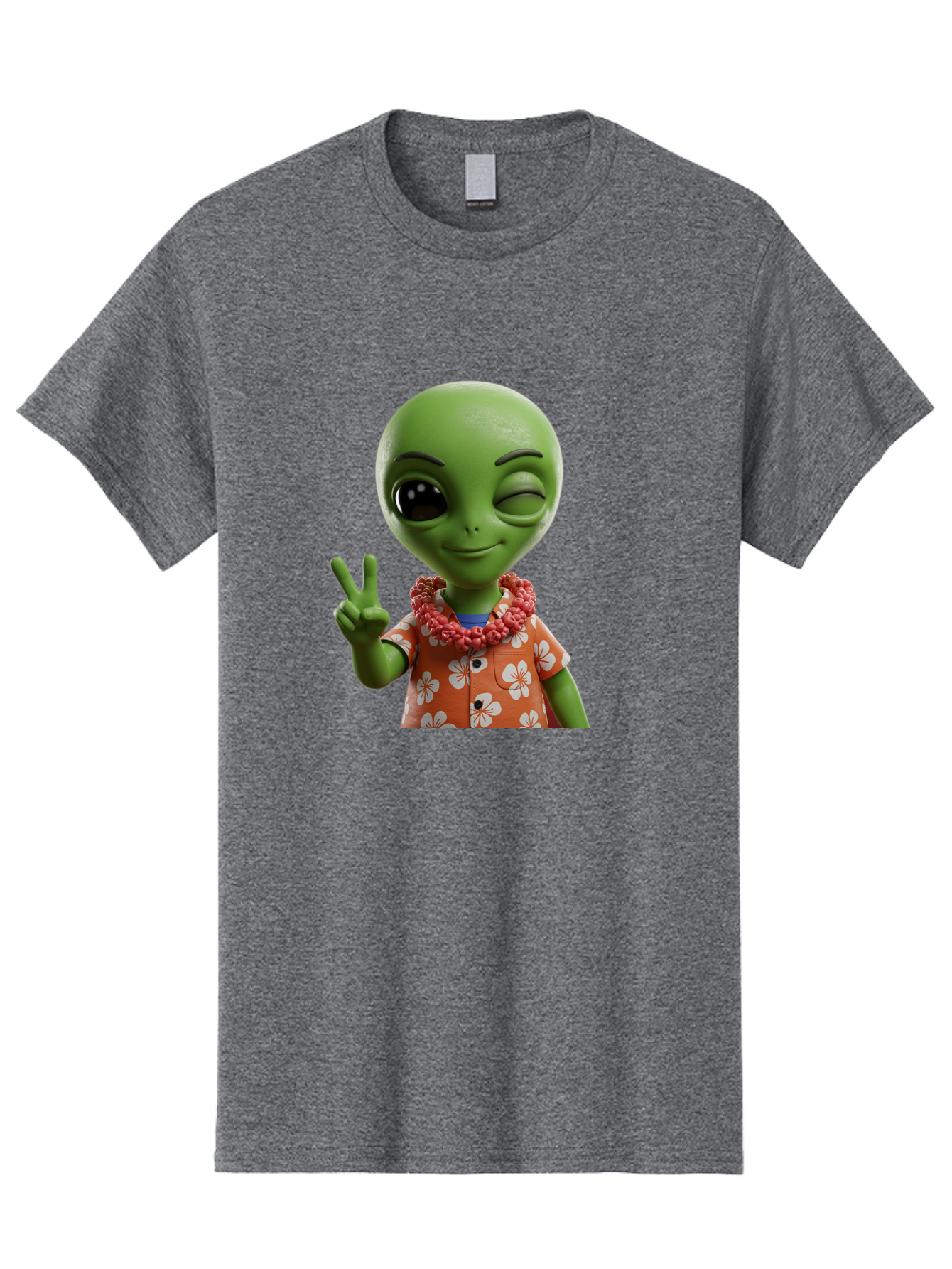 Alien Men'S Graphic Tee, 100% Cotton, Comfortable Casual Summer Wear, Machine Washable, Cartoon Alien, Peace Sign, Hawaiian Shirt, Floral Pattern, Relaxed Vibe, Friendly Demeanor, Extraterrestrial Fun, Playful Gesture, Tropical Feel, Bab636