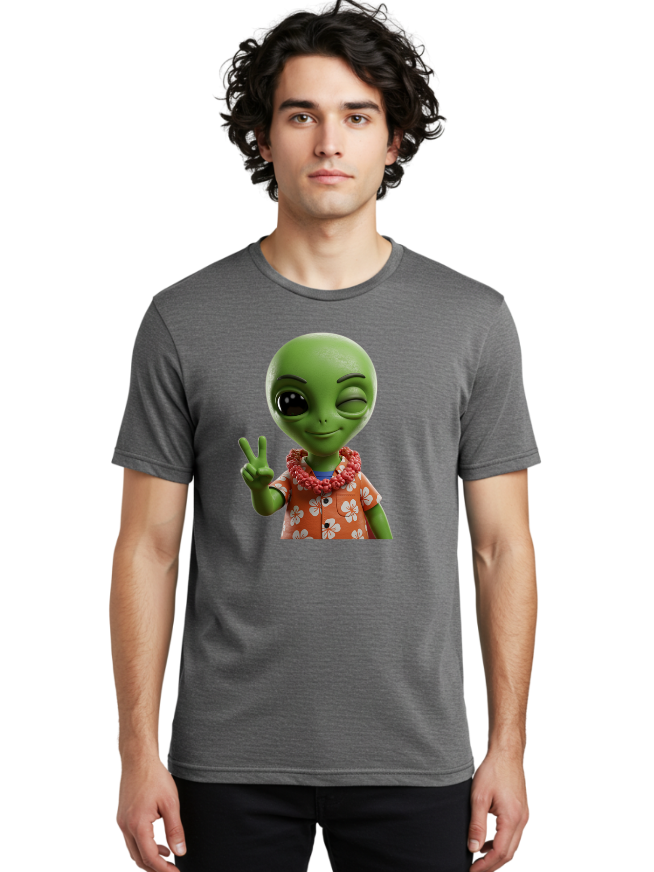 Alien Men'S Graphic Tee, 100% Cotton, Comfortable Casual Summer Wear, Machine Washable, Cartoon Alien, Peace Sign, Hawaiian Shirt, Floral Pattern, Relaxed Vibe, Friendly Demeanor, Extraterrestrial Fun, Playful Gesture, Tropical Feel, Bab636