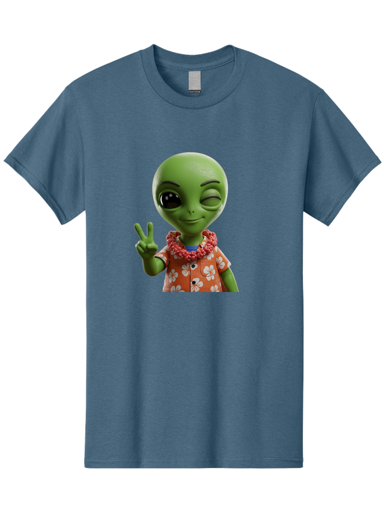 Alien Men'S Graphic Tee, 100% Cotton, Comfortable Casual Summer Wear, Machine Washable, Cartoon Alien, Peace Sign, Hawaiian Shirt, Floral Pattern, Relaxed Vibe, Friendly Demeanor, Extraterrestrial Fun, Playful Gesture, Tropical Feel, Bab636