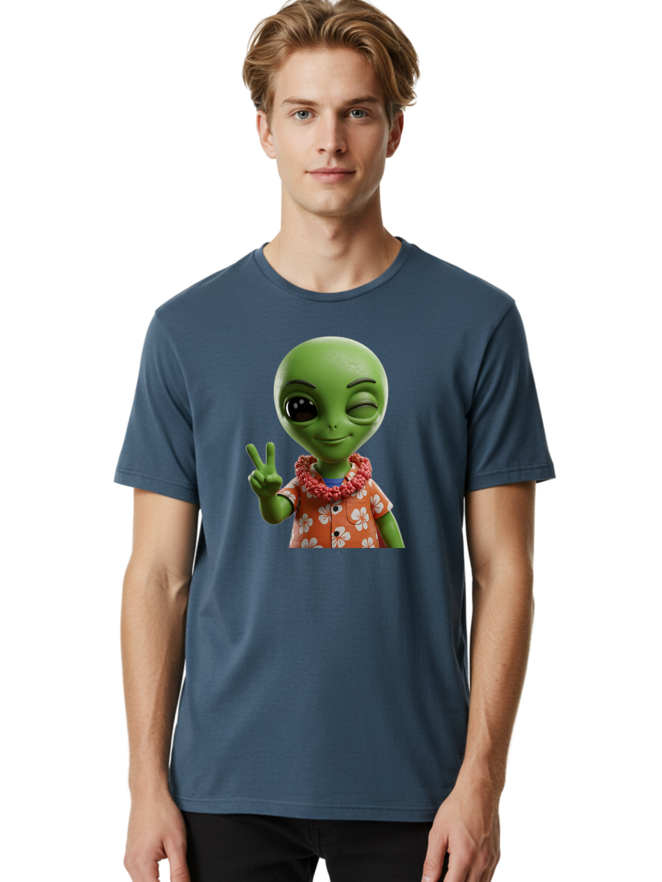 Alien Men'S Graphic Tee, 100% Cotton, Comfortable Casual Summer Wear, Machine Washable, Cartoon Alien, Peace Sign, Hawaiian Shirt, Floral Pattern, Relaxed Vibe, Friendly Demeanor, Extraterrestrial Fun, Playful Gesture, Tropical Feel, Bab636