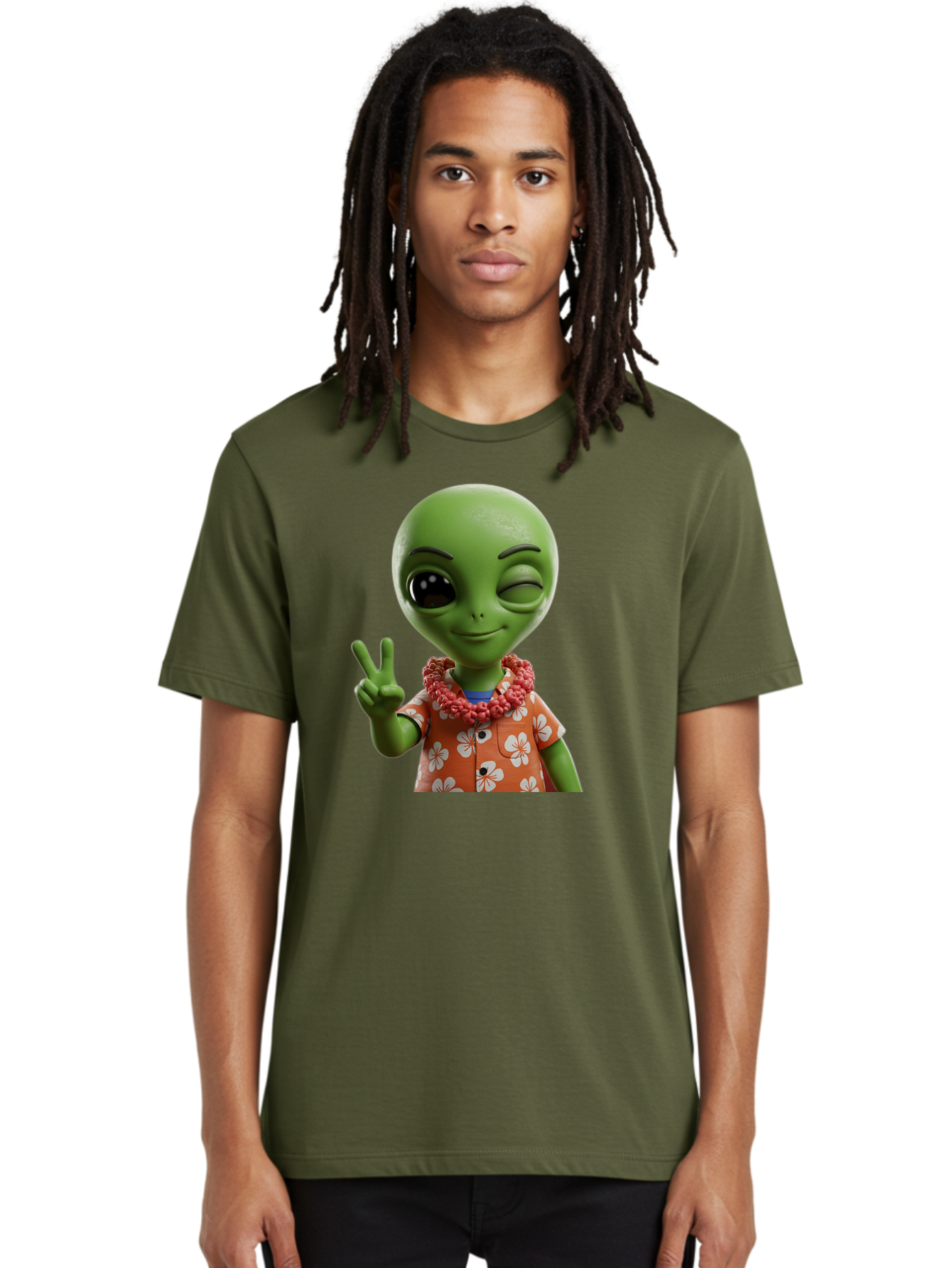 Alien Men'S Graphic Tee, 100% Cotton, Comfortable Casual Summer Wear, Machine Washable, Cartoon Alien, Peace Sign, Hawaiian Shirt, Floral Pattern, Relaxed Vibe, Friendly Demeanor, Extraterrestrial Fun, Playful Gesture, Tropical Feel, Bab636