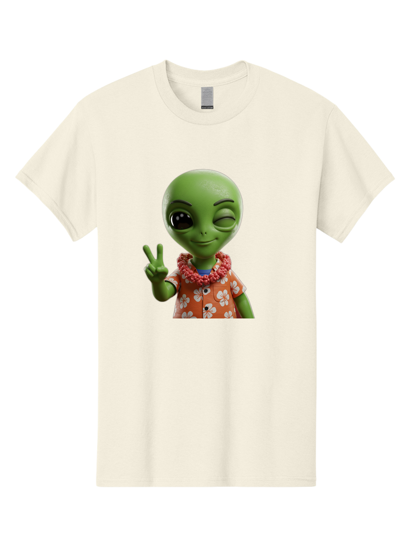Alien Men'S Graphic Tee, 100% Cotton, Comfortable Casual Summer Wear, Machine Washable, Cartoon Alien, Peace Sign, Hawaiian Shirt, Floral Pattern, Relaxed Vibe, Friendly Demeanor, Extraterrestrial Fun, Playful Gesture, Tropical Feel, Bab636