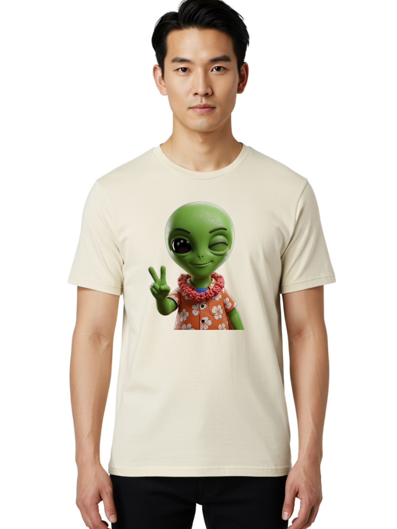 Alien Men'S Graphic Tee, 100% Cotton, Comfortable Casual Summer Wear, Machine Washable, Cartoon Alien, Peace Sign, Hawaiian Shirt, Floral Pattern, Relaxed Vibe, Friendly Demeanor, Extraterrestrial Fun, Playful Gesture, Tropical Feel, Bab636