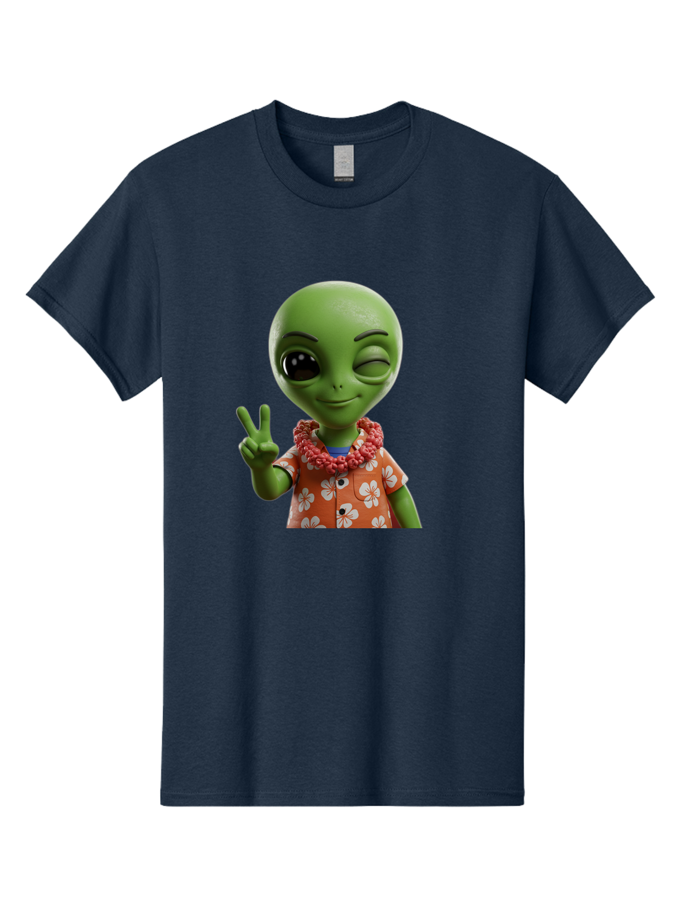 Alien Men'S Graphic Tee, 100% Cotton, Comfortable Casual Summer Wear, Machine Washable, Cartoon Alien, Peace Sign, Hawaiian Shirt, Floral Pattern, Relaxed Vibe, Friendly Demeanor, Extraterrestrial Fun, Playful Gesture, Tropical Feel, Bab636