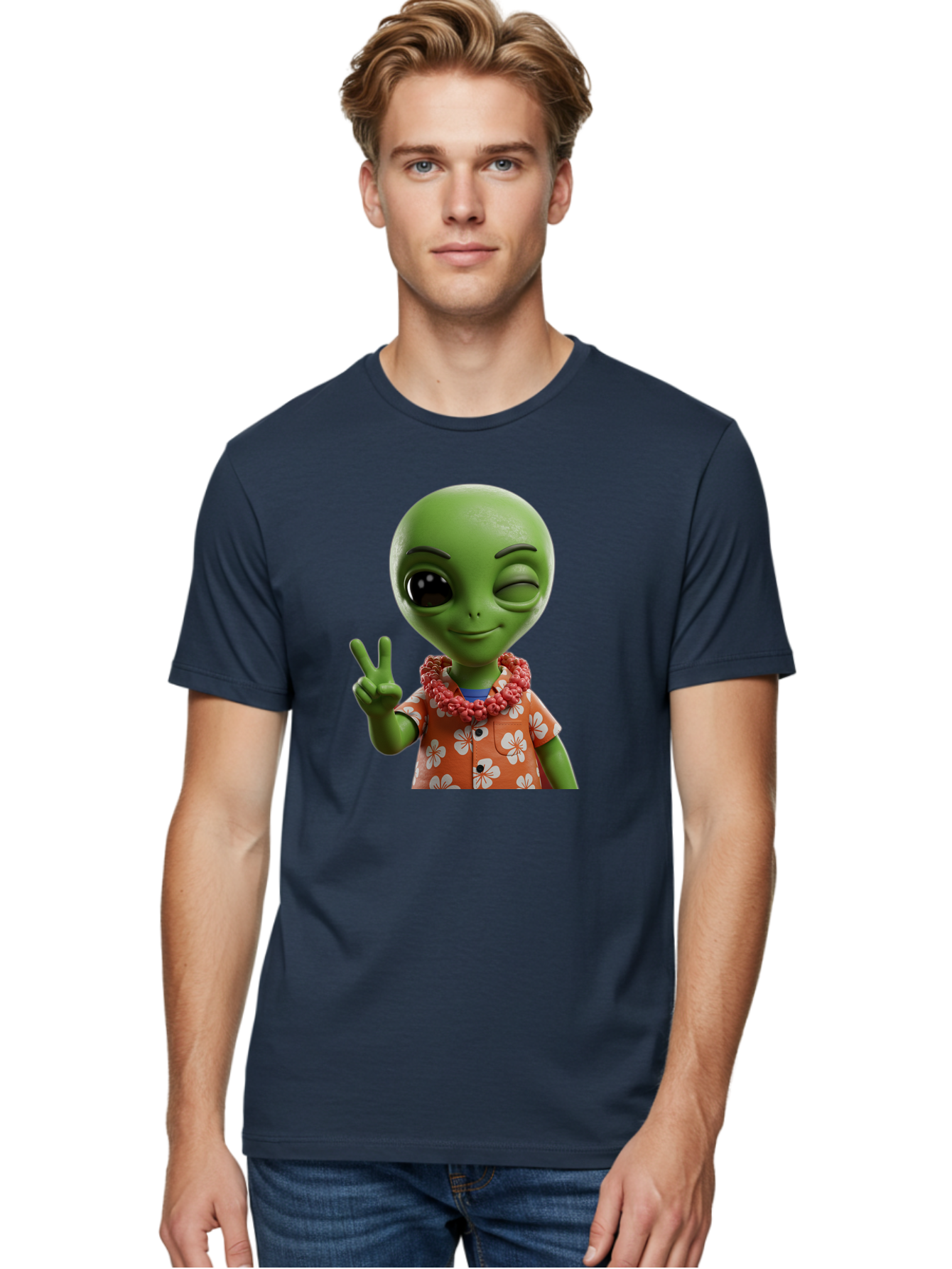 Alien Men'S Graphic Tee, 100% Cotton, Comfortable Casual Summer Wear, Machine Washable, Cartoon Alien, Peace Sign, Hawaiian Shirt, Floral Pattern, Relaxed Vibe, Friendly Demeanor, Extraterrestrial Fun, Playful Gesture, Tropical Feel, Bab636