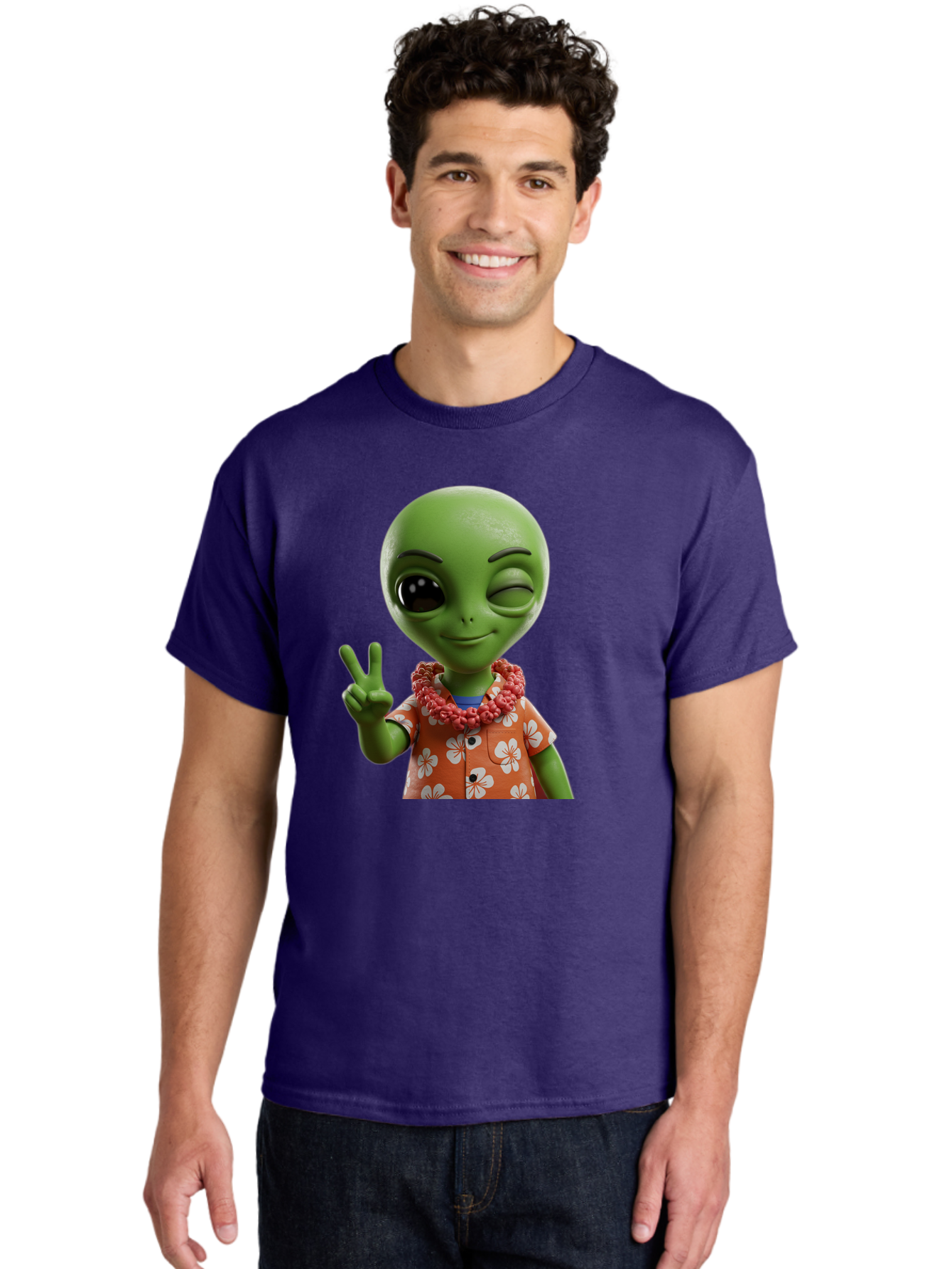 Alien Men'S Graphic Tee, 100% Cotton, Comfortable Casual Summer Wear, Machine Washable, Cartoon Alien, Peace Sign, Hawaiian Shirt, Floral Pattern, Relaxed Vibe, Friendly Demeanor, Extraterrestrial Fun, Playful Gesture, Tropical Feel, Bab636