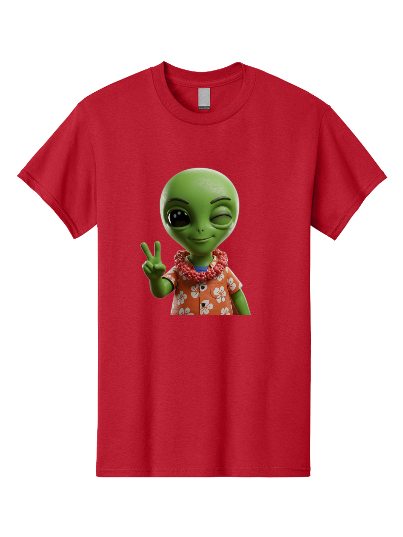 Alien Men'S Graphic Tee, 100% Cotton, Comfortable Casual Summer Wear, Machine Washable, Cartoon Alien, Peace Sign, Hawaiian Shirt, Floral Pattern, Relaxed Vibe, Friendly Demeanor, Extraterrestrial Fun, Playful Gesture, Tropical Feel, Bab636