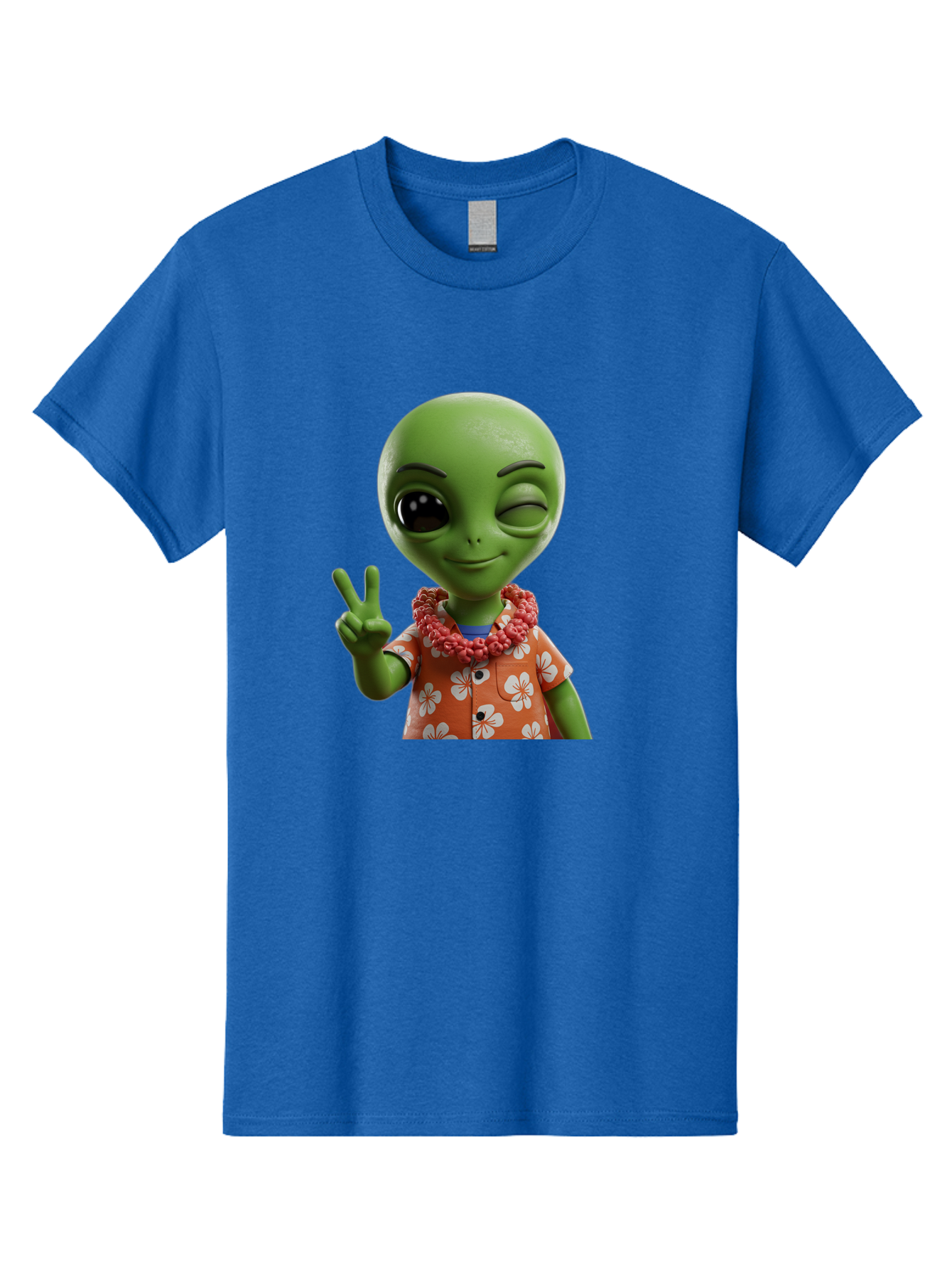 Alien Men'S Graphic Tee, 100% Cotton, Comfortable Casual Summer Wear, Machine Washable, Cartoon Alien, Peace Sign, Hawaiian Shirt, Floral Pattern, Relaxed Vibe, Friendly Demeanor, Extraterrestrial Fun, Playful Gesture, Tropical Feel, Bab636