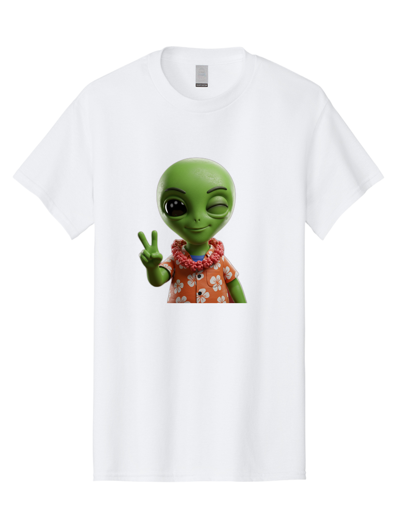 Alien Men'S Graphic Tee, 100% Cotton, Comfortable Casual Summer Wear, Machine Washable, Cartoon Alien, Peace Sign, Hawaiian Shirt, Floral Pattern, Relaxed Vibe, Friendly Demeanor, Extraterrestrial Fun, Playful Gesture, Tropical Feel, Bab636