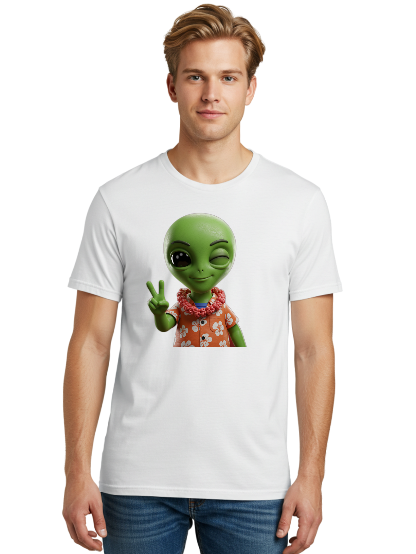 Alien Men'S Graphic Tee, 100% Cotton, Comfortable Casual Summer Wear, Machine Washable, Cartoon Alien, Peace Sign, Hawaiian Shirt, Floral Pattern, Relaxed Vibe, Friendly Demeanor, Extraterrestrial Fun, Playful Gesture, Tropical Feel, Bab636