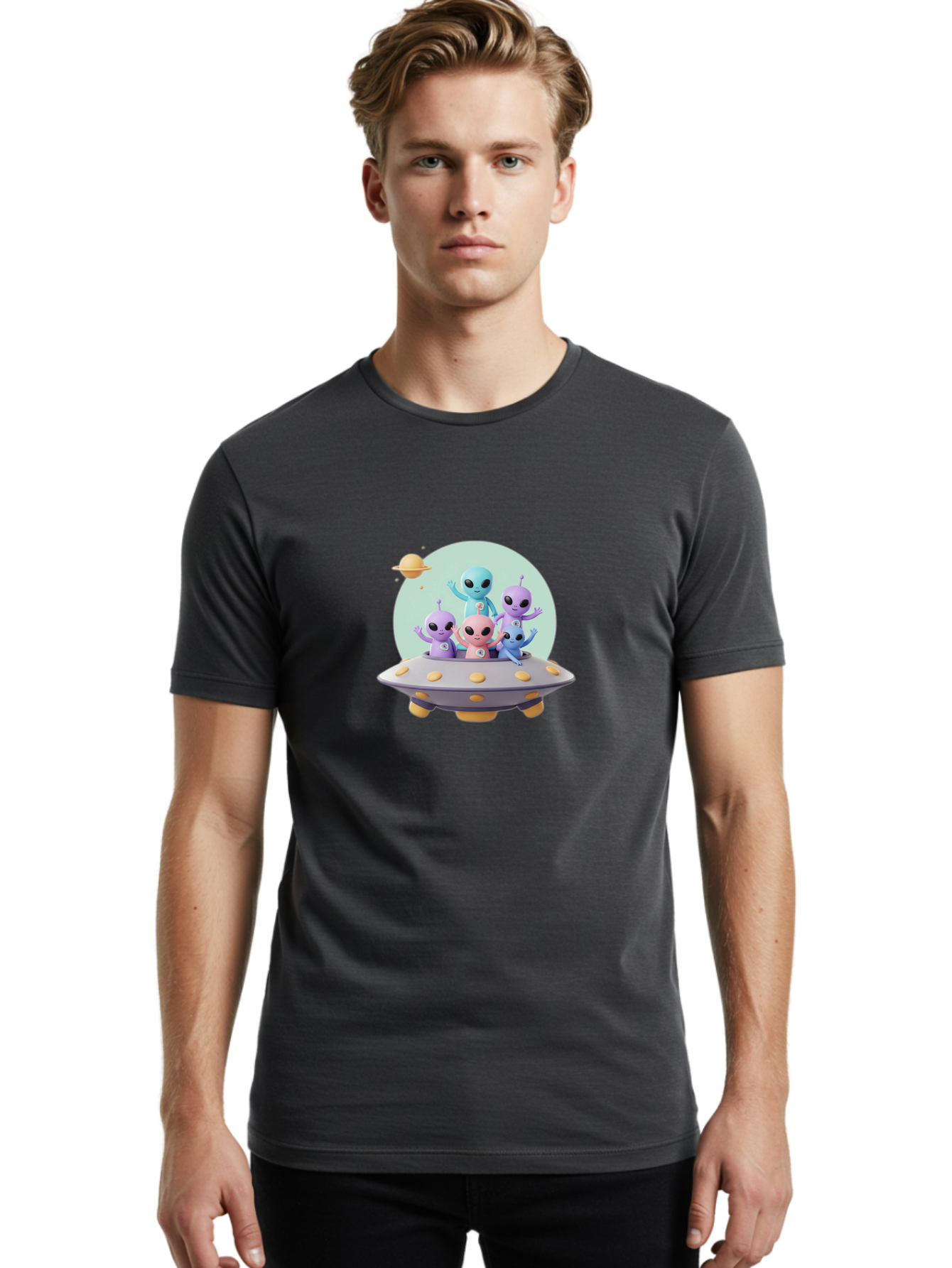 Aliens-In-Ufo Men'S Graphic Tee, 100% Cotton, Comfortable Casual Summer Wear, Machine Washable, Aliens In Ufo, Cartoon Characters, Science Fiction, Extraterrestrial Life, Ufo Sighting, Alien Invasion, Space Travel, Fantastical Creatures, Bab637