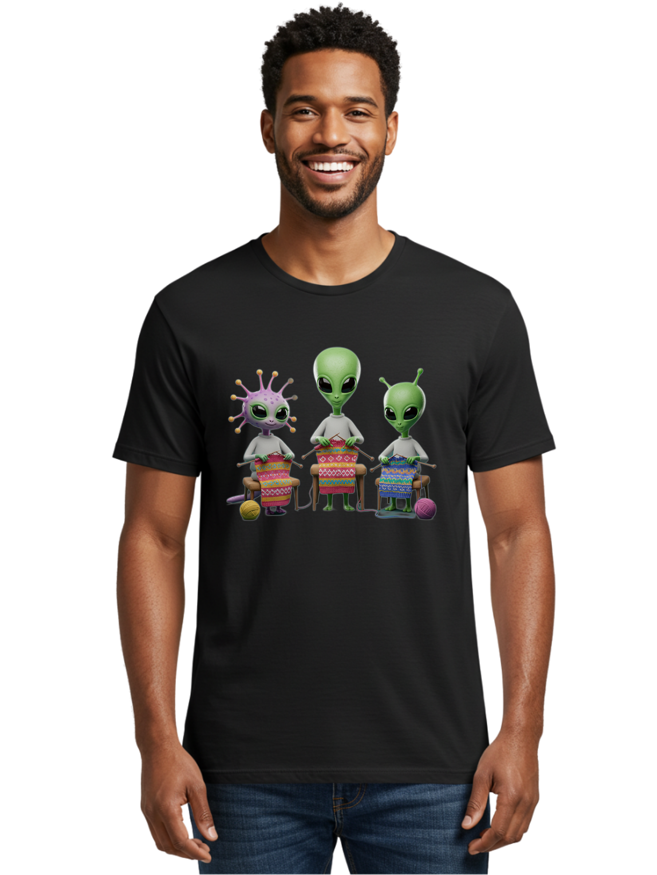 Aliens-Knitting Men'S Graphic Tee, 100% Cotton, Comfortable Casual Summer Wear, Machine Washable, Cartoon Aliens, Knitting Patterns, Colorful Yarn, Creative Creatures, Extraterrestrial Hobby, Playful Illustration, Knitting Needles, Bab638