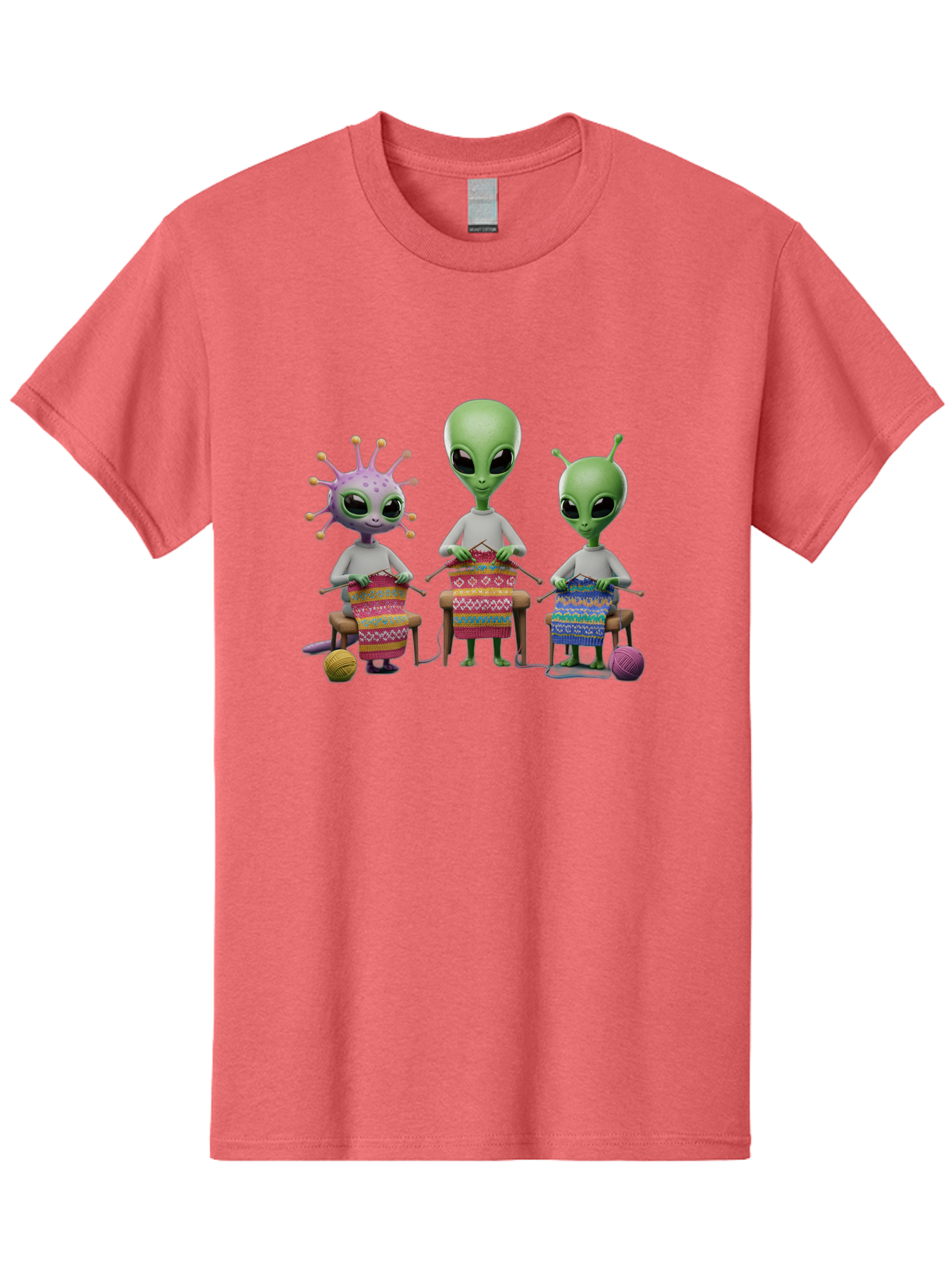 Aliens-Knitting Men'S Graphic Tee, 100% Cotton, Comfortable Casual Summer Wear, Machine Washable, Cartoon Aliens, Knitting Patterns, Colorful Yarn, Creative Creatures, Extraterrestrial Hobby, Playful Illustration, Knitting Needles, Bab638