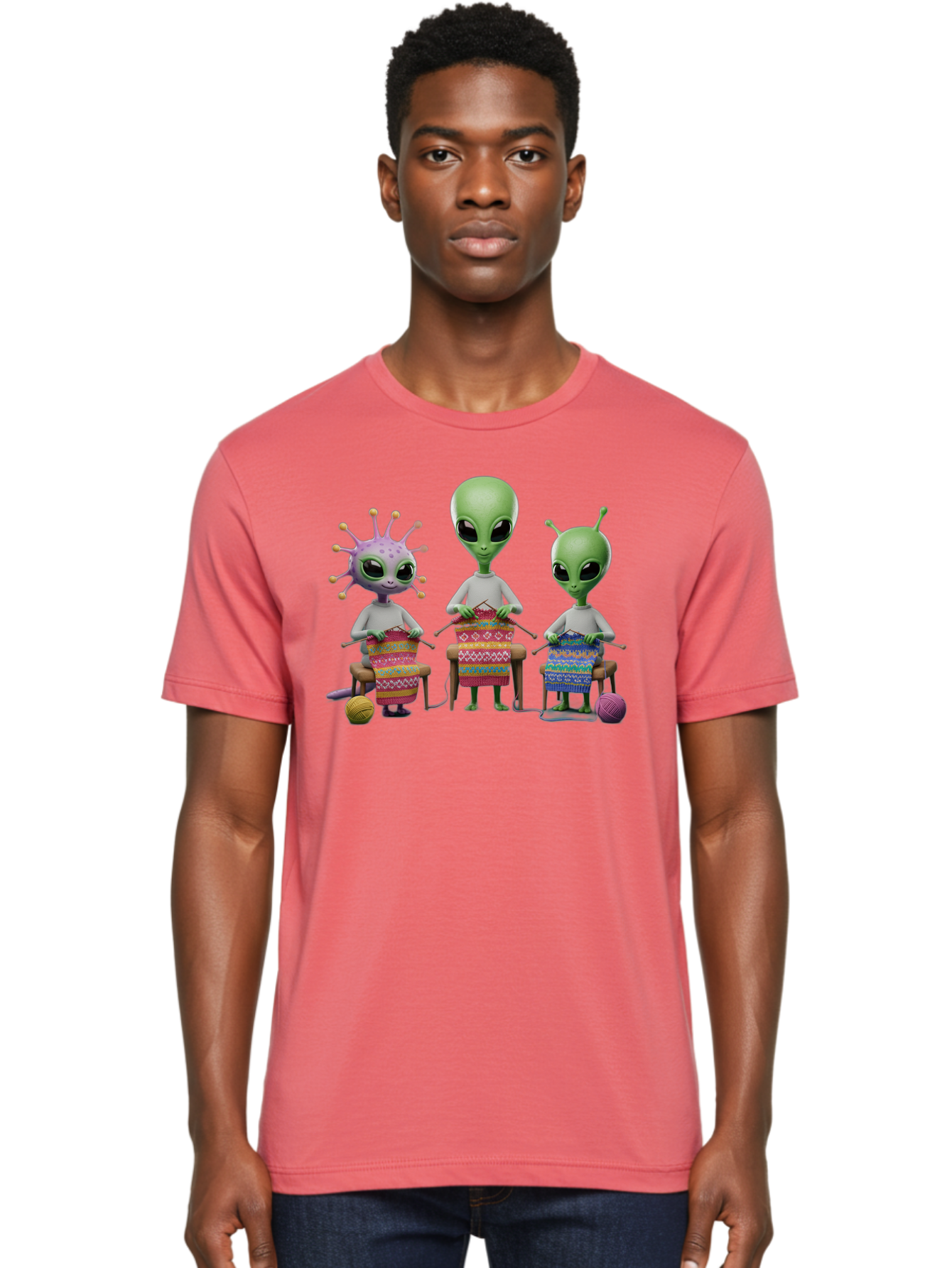 Aliens-Knitting Men'S Graphic Tee, 100% Cotton, Comfortable Casual Summer Wear, Machine Washable, Cartoon Aliens, Knitting Patterns, Colorful Yarn, Creative Creatures, Extraterrestrial Hobby, Playful Illustration, Knitting Needles, Bab638