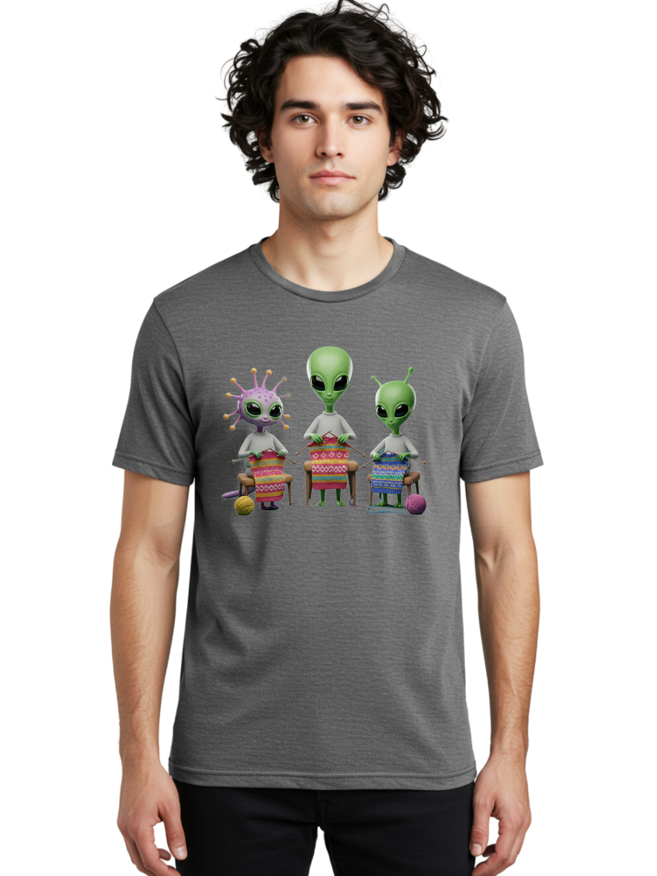 Aliens-Knitting Men'S Graphic Tee, 100% Cotton, Comfortable Casual Summer Wear, Machine Washable, Cartoon Aliens, Knitting Patterns, Colorful Yarn, Creative Creatures, Extraterrestrial Hobby, Playful Illustration, Knitting Needles, Bab638