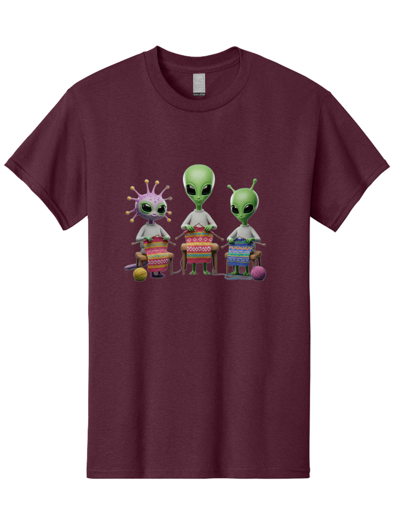 Aliens-Knitting Men'S Graphic Tee, 100% Cotton, Comfortable Casual Summer Wear, Machine Washable, Cartoon Aliens, Knitting Patterns, Colorful Yarn, Creative Creatures, Extraterrestrial Hobby, Playful Illustration, Knitting Needles, Bab638