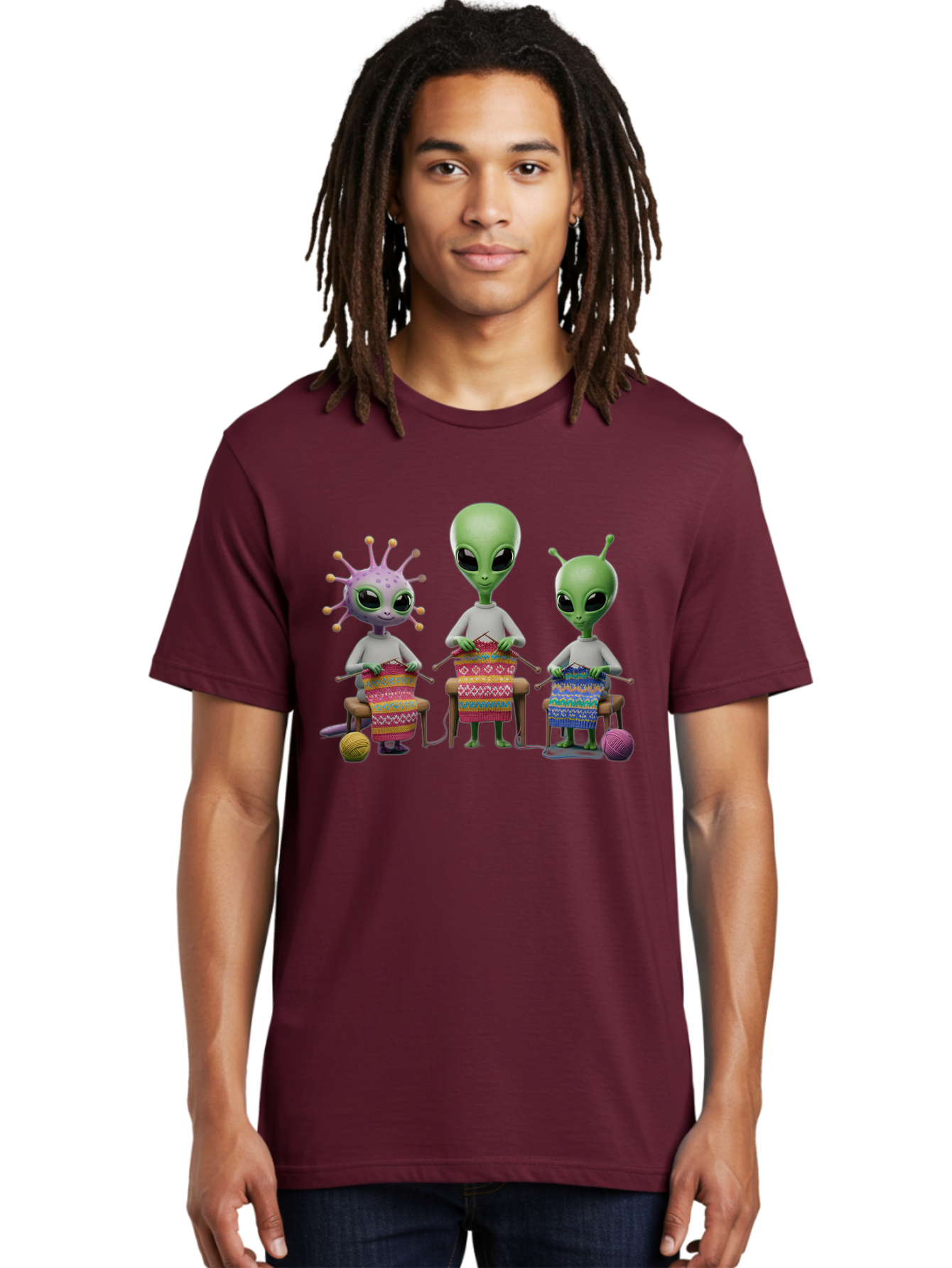 Aliens-Knitting Men'S Graphic Tee, 100% Cotton, Comfortable Casual Summer Wear, Machine Washable, Cartoon Aliens, Knitting Patterns, Colorful Yarn, Creative Creatures, Extraterrestrial Hobby, Playful Illustration, Knitting Needles, Bab638