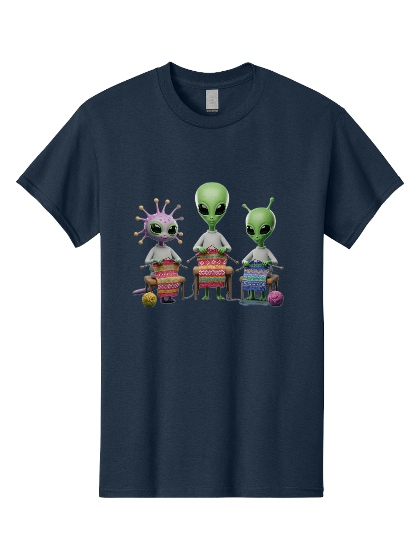 Aliens-Knitting Men'S Graphic Tee, 100% Cotton, Comfortable Casual Summer Wear, Machine Washable, Cartoon Aliens, Knitting Patterns, Colorful Yarn, Creative Creatures, Extraterrestrial Hobby, Playful Illustration, Knitting Needles, Bab638